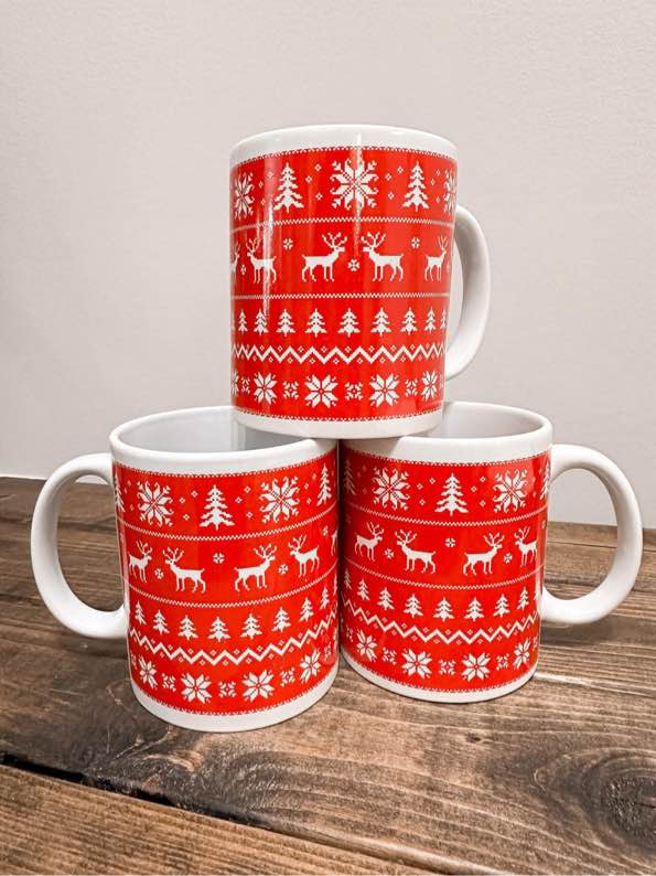 SNOW FLAKE Red White Ceramic mug Coffee Cup Holiday Christmas 12 fl oz