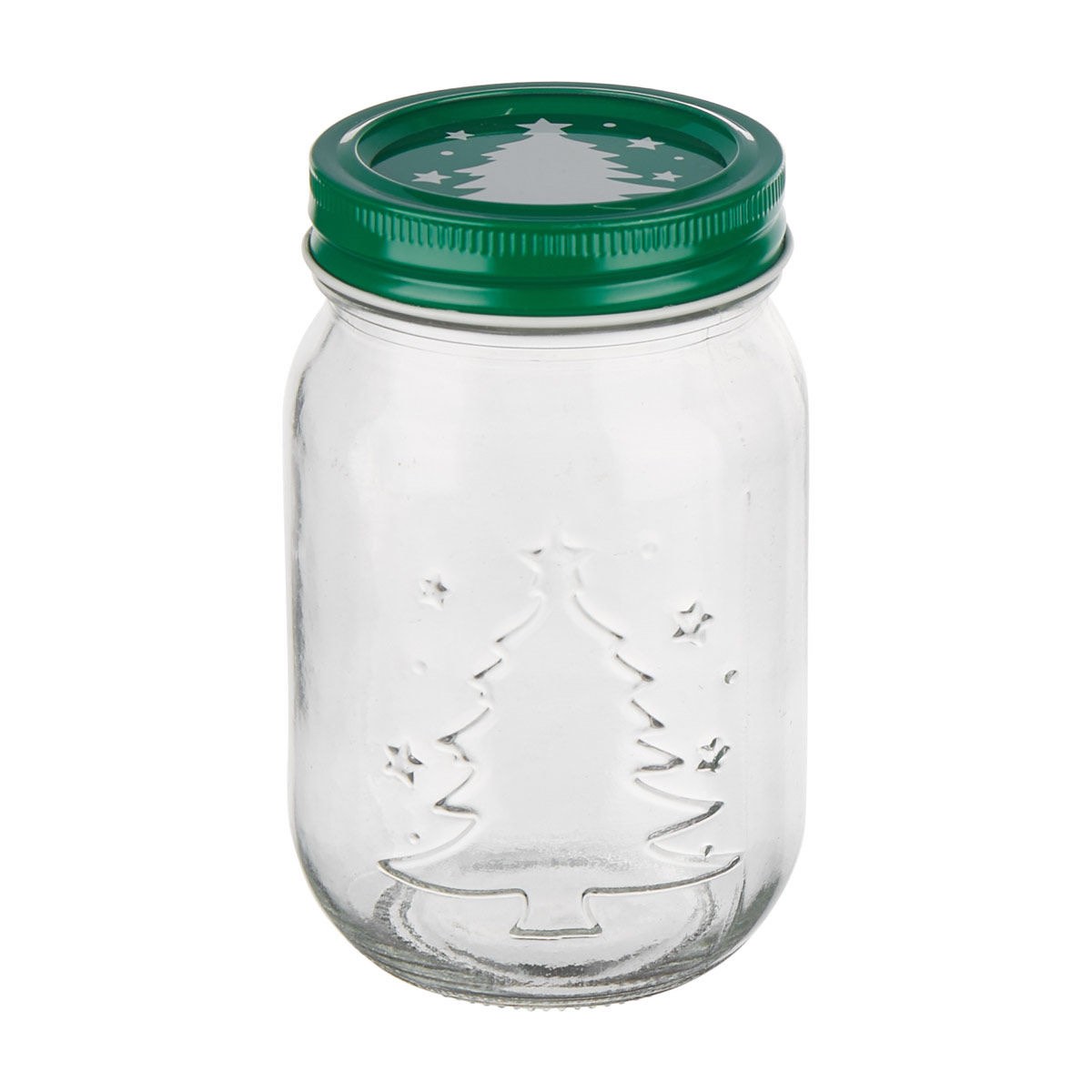 Christmas Tree Embossed Mason Style Jar Green Lid Pint Size