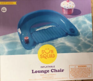 SUN SQUAD Blue INFLATABLE Pool Lounge chair Float 4 Ft Cup Holders NIB