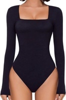 Size L HYZ Black Square Neck Long Sleeve Bodysuit - Double Lined & Stretchy 2 Pieces 