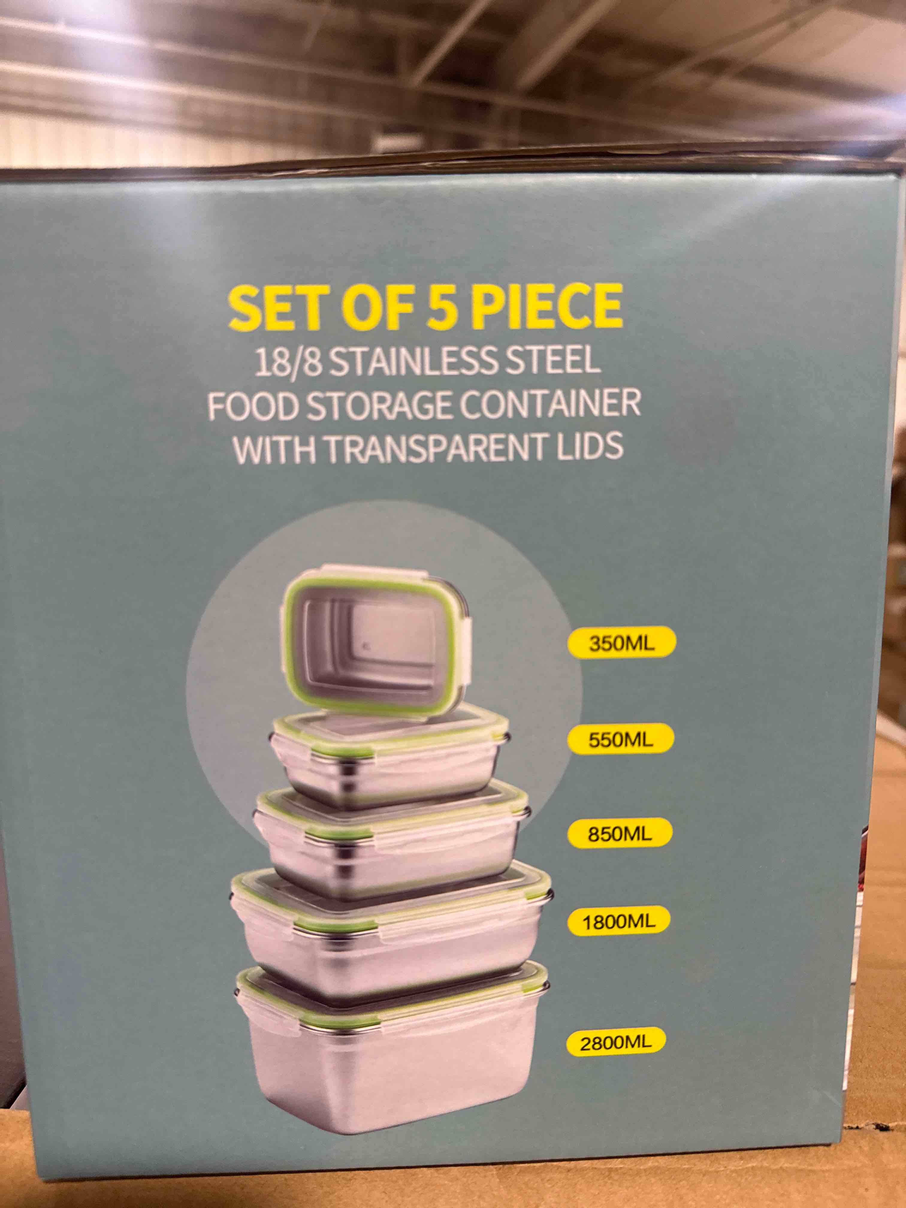 Condition photo showing Brand New for set a 5 18/8 stainless steel food storage container with transparent lens