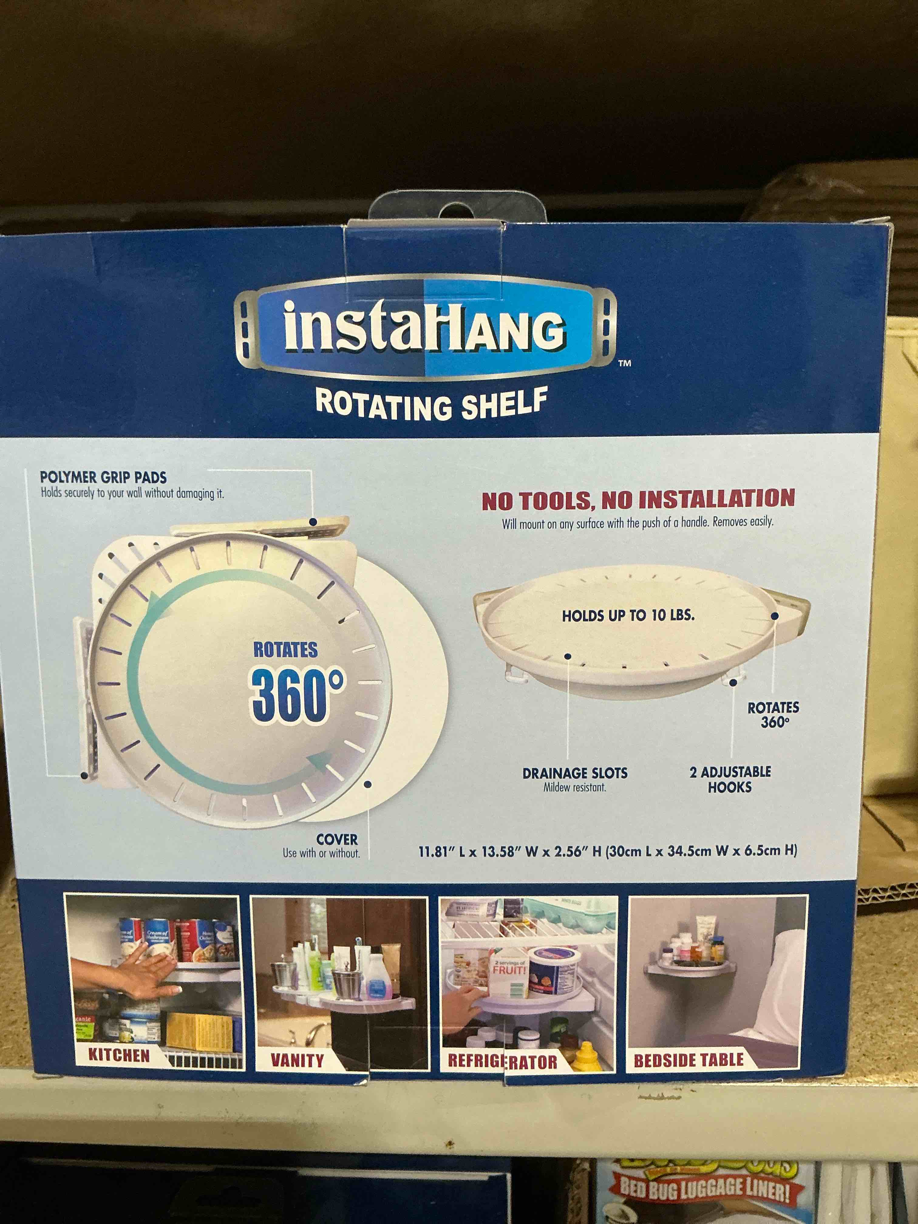Condition photo showing New/Like New for as seen on tv instahang rotating shelf
