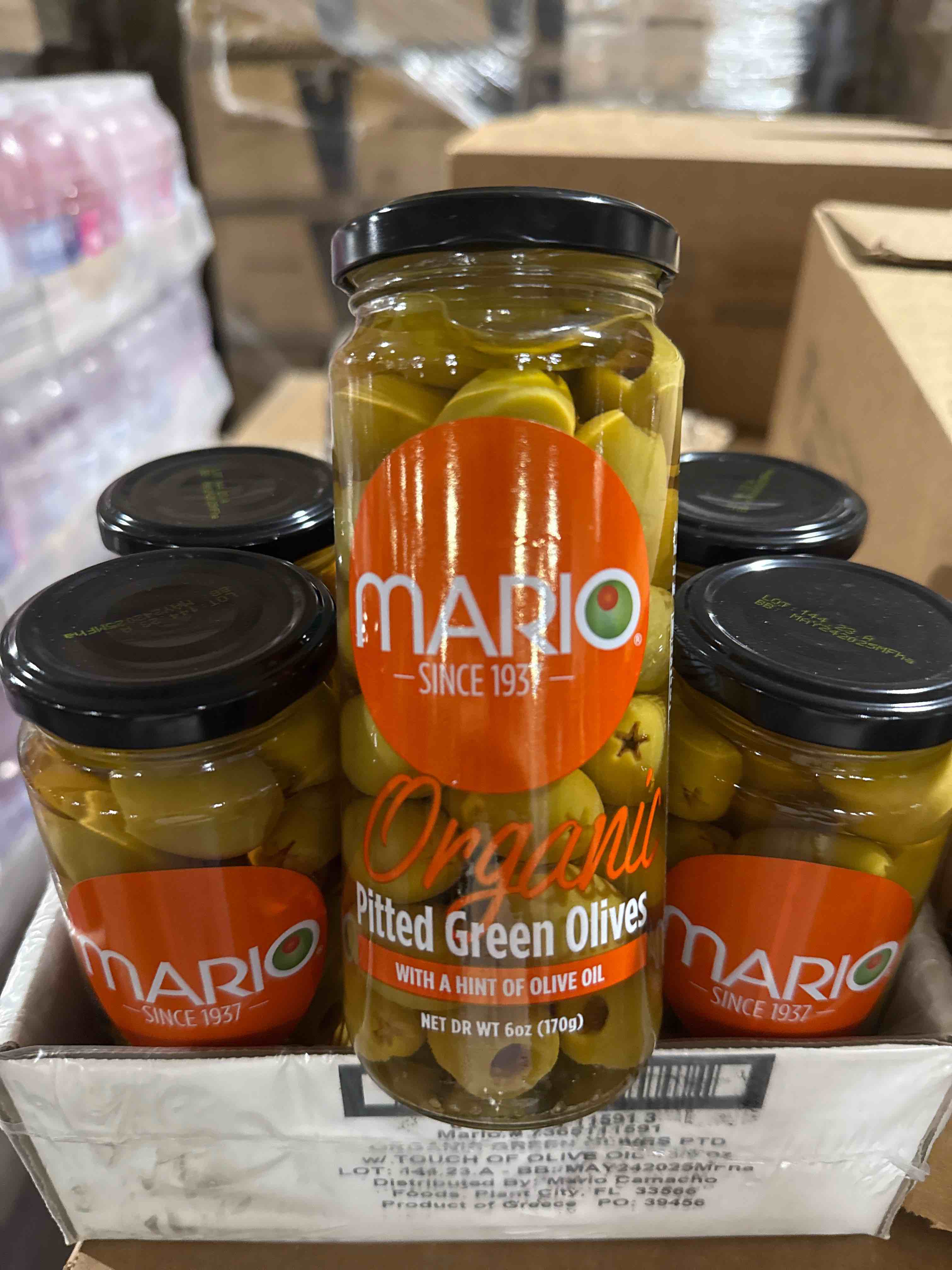 case of 6! Mario organic pitted green olives with a hint of olive oil (BB 5-25)