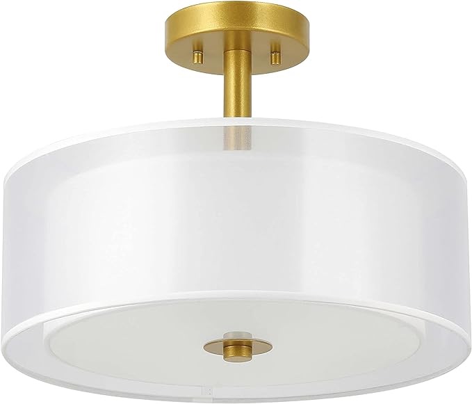 XiNBEi Lighting Drum Semi Flush Mount Ceiling Light, 3 Light Semi Flush Light, 16" Close to Ceiling Light with Fabric Shade Gold Brass Finish for Living Room & Bedroom XB-SF1194-GB