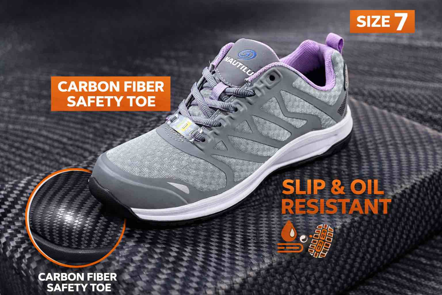 size 7 women’s nautilus safety shoes, carbon fiber, safety to slip and oil resistant safety footwear