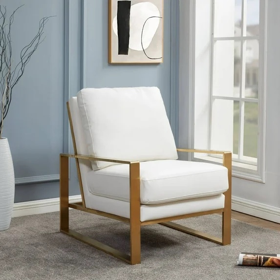 LeisureMod Jefferson Modern Design Accent Armchair With Gold Frame And White Cushions