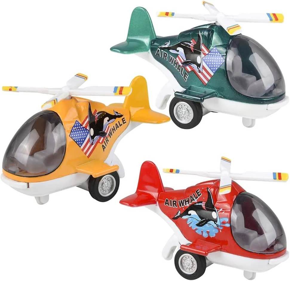 Toys: Set Of (3) Air Whale Helicopters Die-cast Pull Back Action Spiraling Rotor