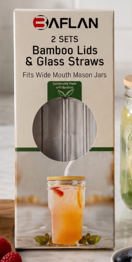 2 set Bamboo Lids & Glass Straws 
