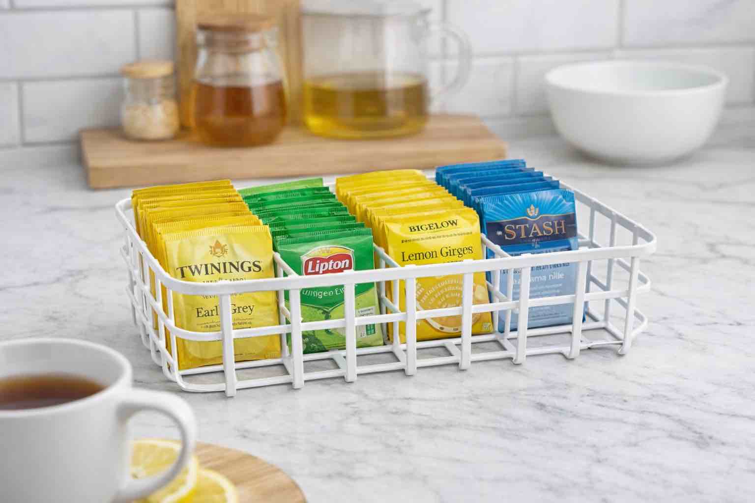 sleek wire tea organizer that neatly stores and displays your favorite tea bags for easy access and clutter-free countertops.
