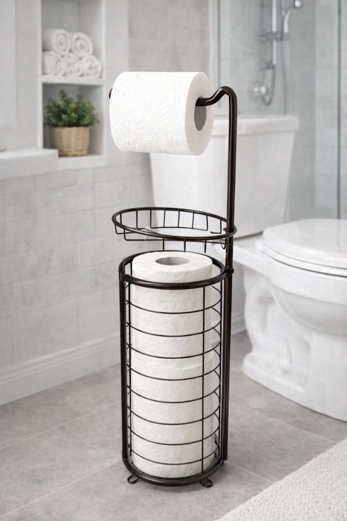 Free Standing Toilet Tissue Paper Roll Holder Stand Dispenser - Bathroom Organizer with Storage Shelf - Bronze