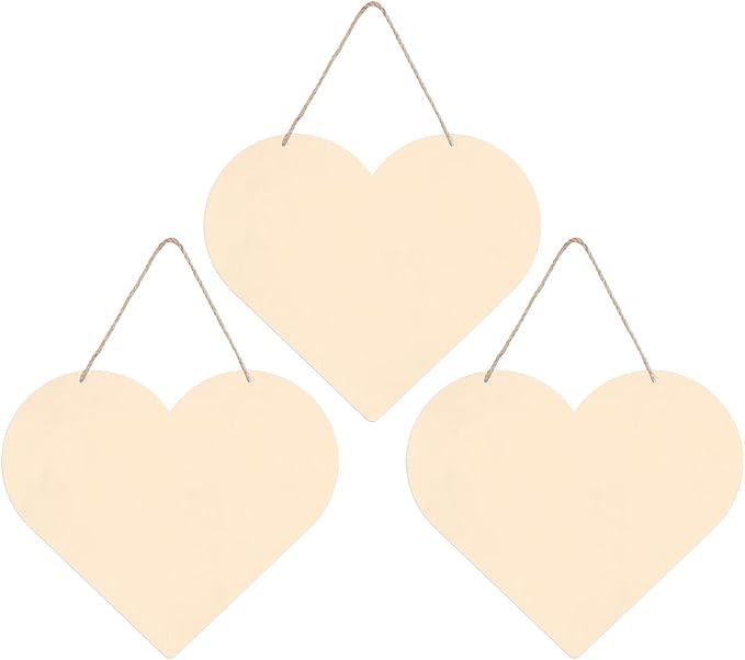 4pc Heart Wood Hanging Sign Blank Wooden Heart Shape DIY Crafts Door Wall Sign with Jute Twines for Wedding Birthday Valentine's Day Party Decorations, 7.9" x 6.9"