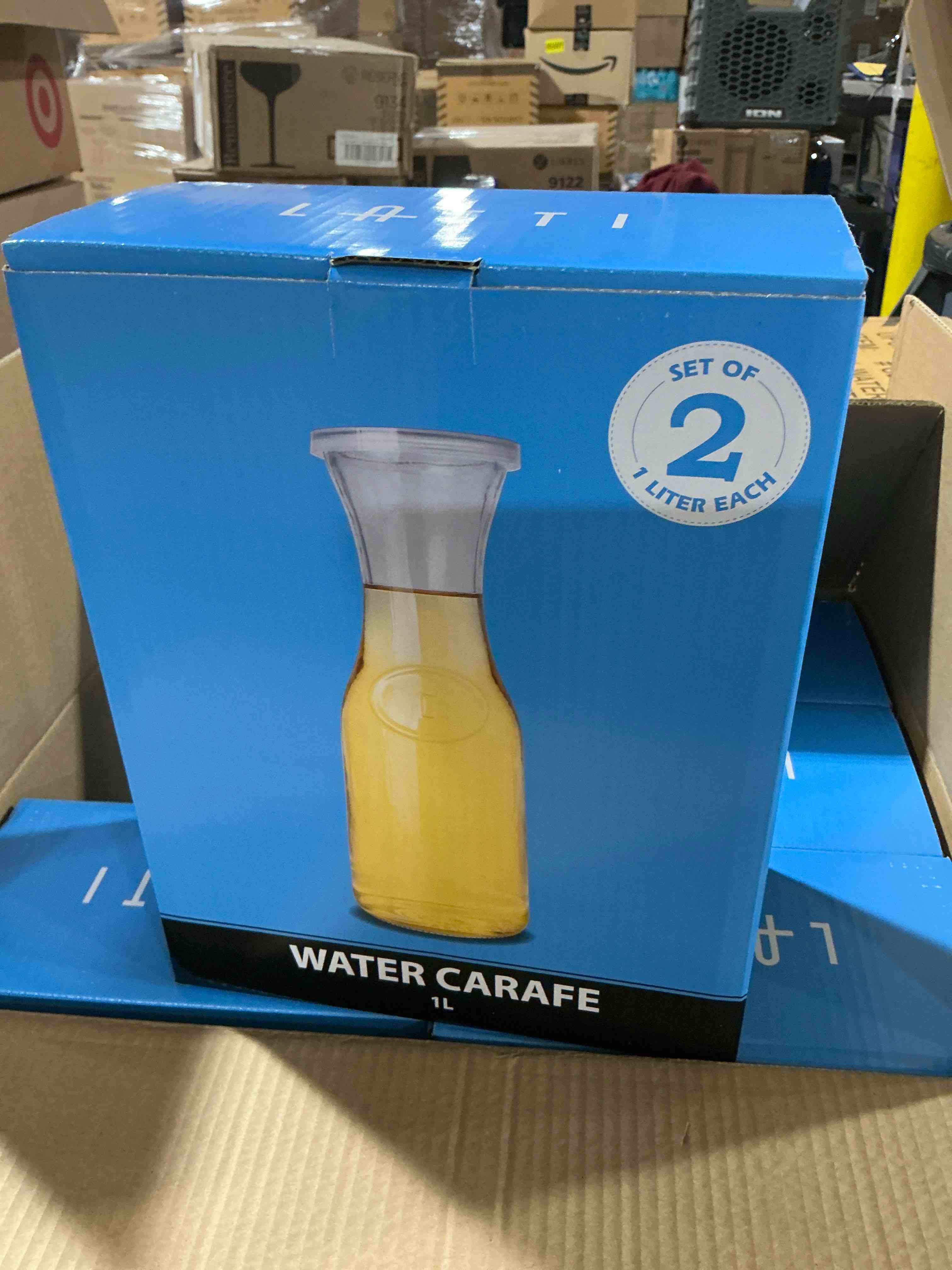 Glass Bottle Carafe 1 Liter Stylish Narrow Neck Beverage Dispenser Bottle for Brunch, Parties, Birthday, Margarita, Champagne, Mimosa, Iced Tea, Sangria, Punch, Lemonade | Includes Airtight Lids (2) (B08LJXNCFF)