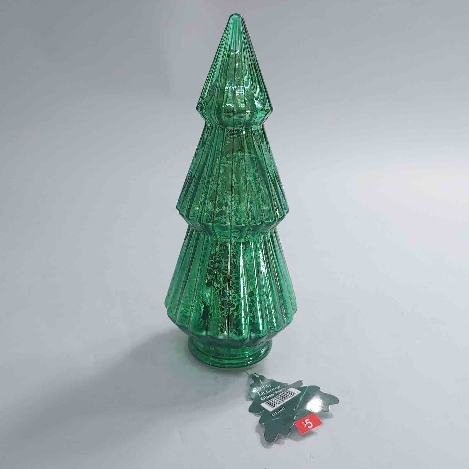 Crescent Lit Glass Light-Up Green Christmas Cone-Shaped Tree 