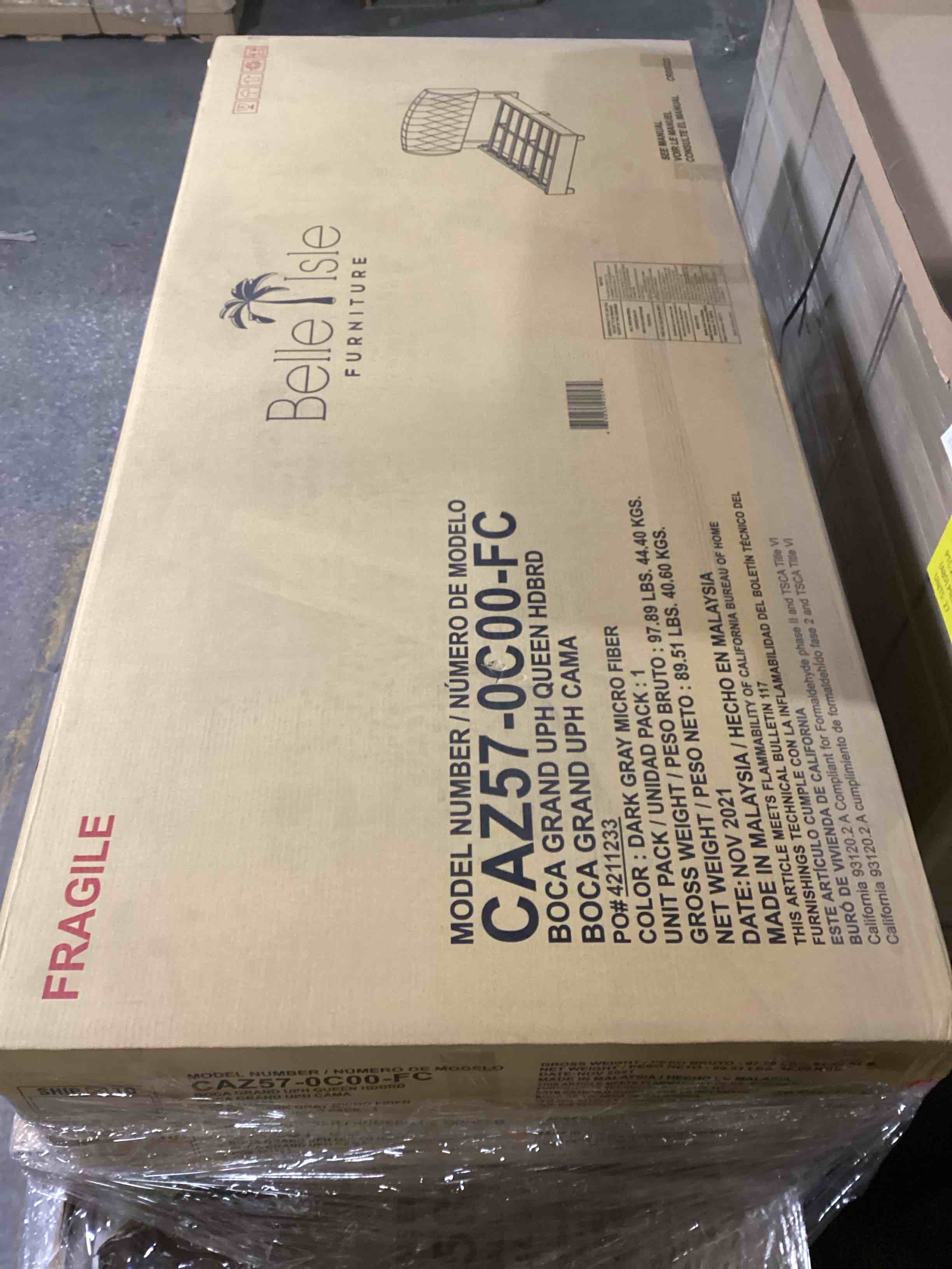 Condition photo showing New/Like New for Brand New Complete Belle Isle Furniture Boca Grande Queen Upholstered Bed - Dark Gray Micro Fiber 