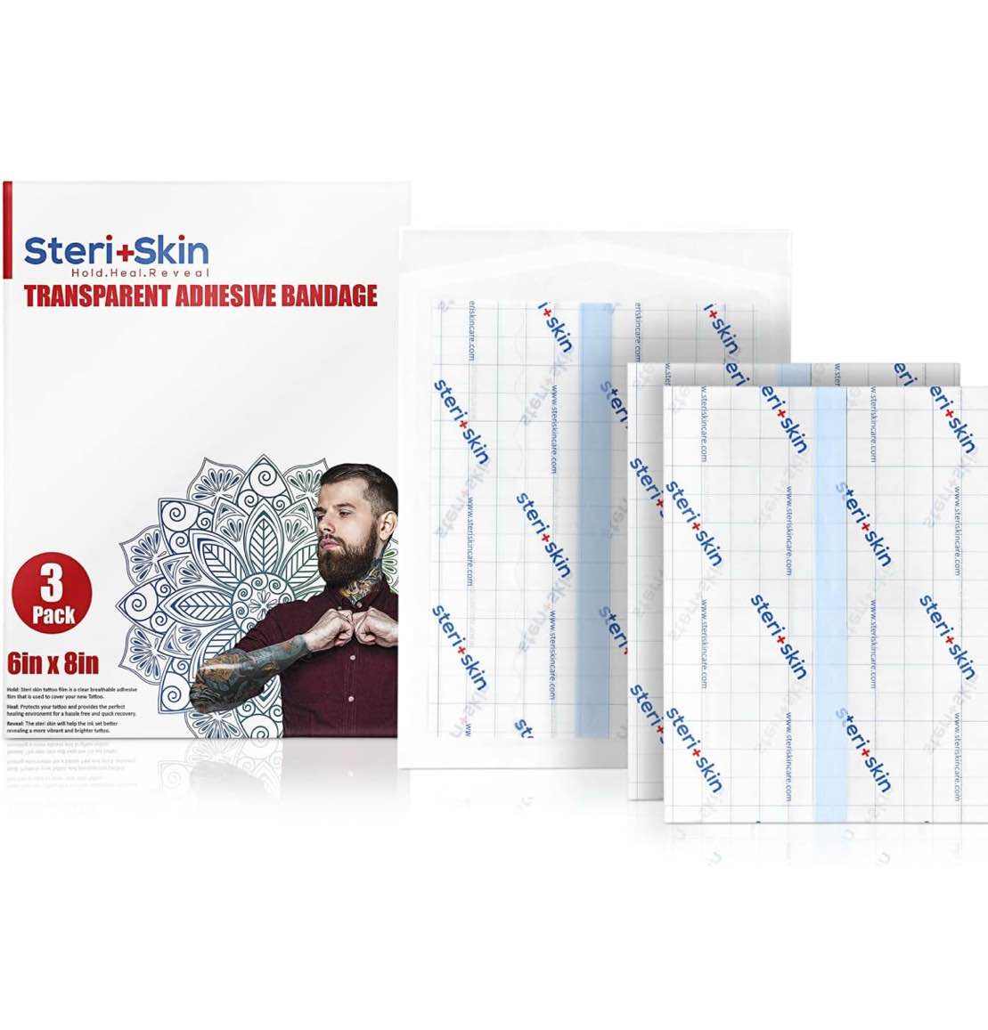 Case of 4 Tattoo Bandage Aftercare Healing Wrap, 3 Individually Packed 6” x 8”, Transparent Sanitary Film Flexible and Breathable Adhesive Waterproof Dressing Tape for Second Skin Derm Protection and Recovery… (B08WRG9712)