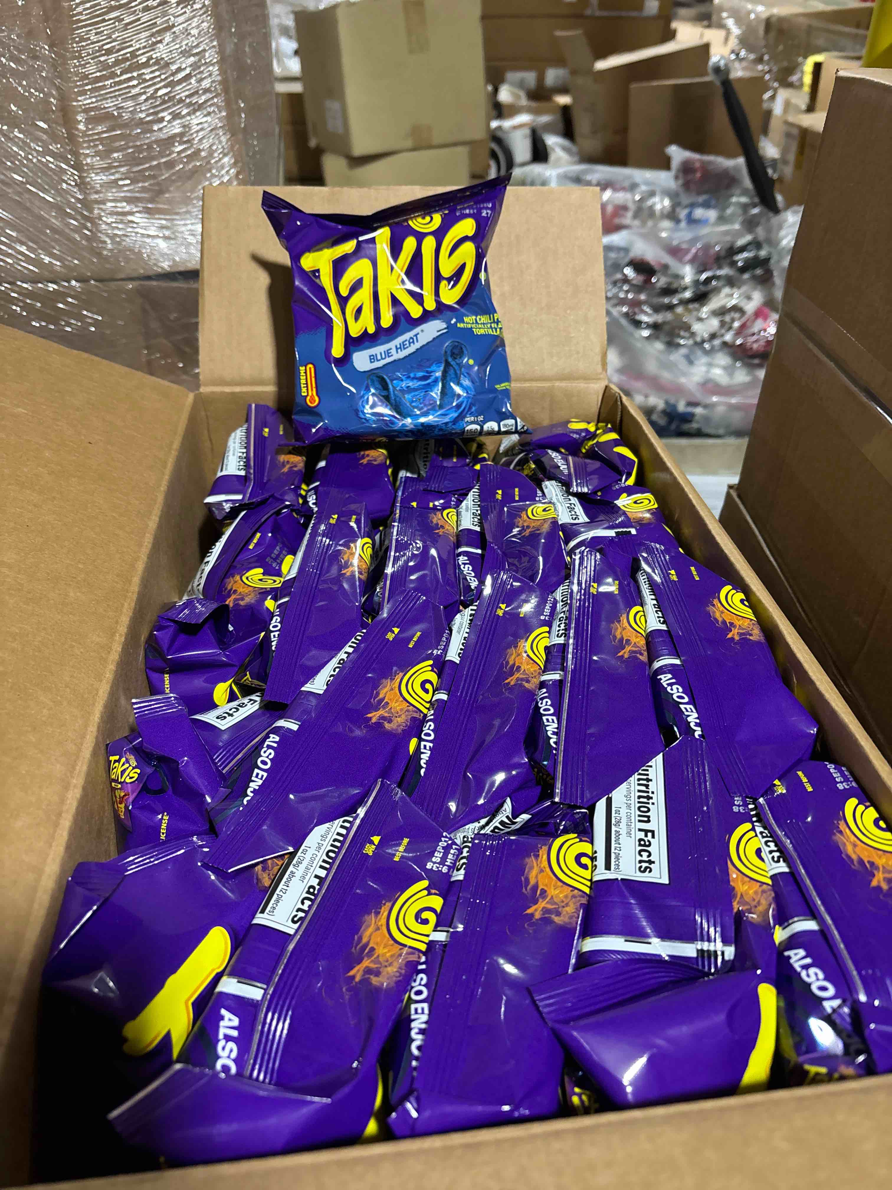 case of 20 Takis Blue Heat, Hot Chili Pepper Flavored Extreme Spicy Rolled Tortilla Chips Snack Size Bag bb sept 25