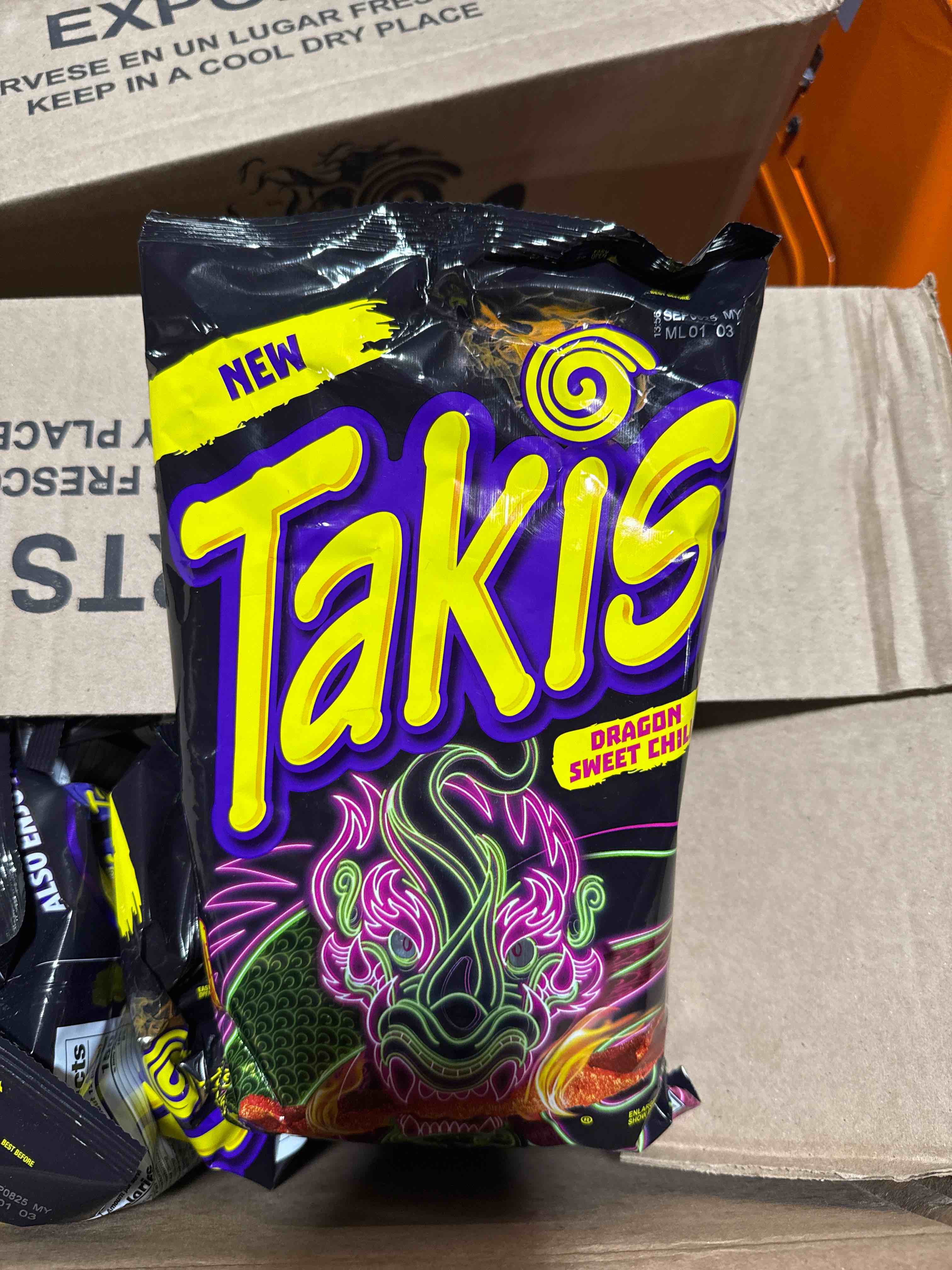 Condition photo showing Brand New for 14 bags takis dragon sweet chili rolled tortilla chips, spicy sweet chili artificially flavored, 9.9 oz