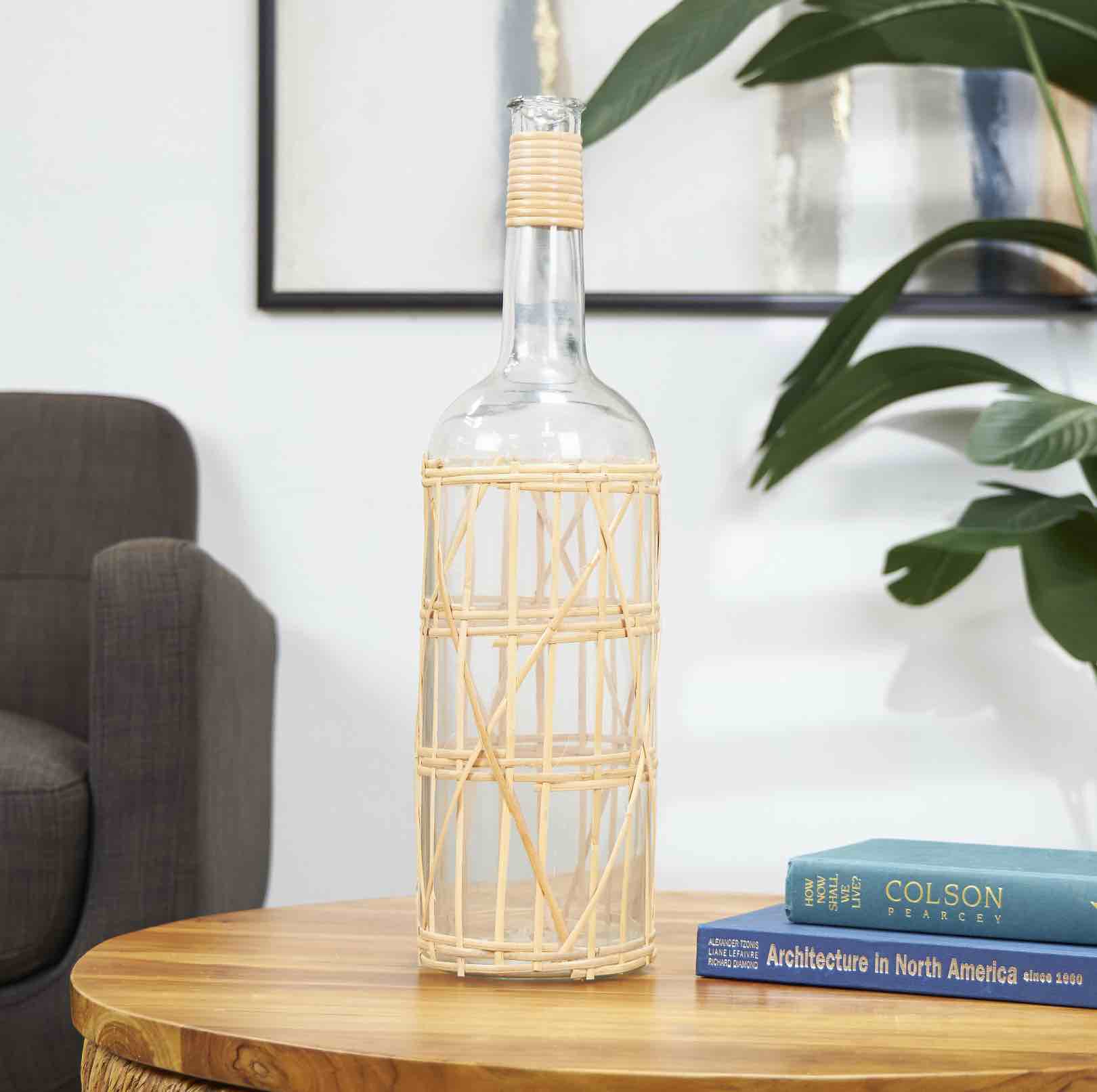  ( 2pcs) Clear Glass  Handmade Tall Decorative Vase with Light Brown Rattan Woven Body and Neck, 6" x 6" x 23"