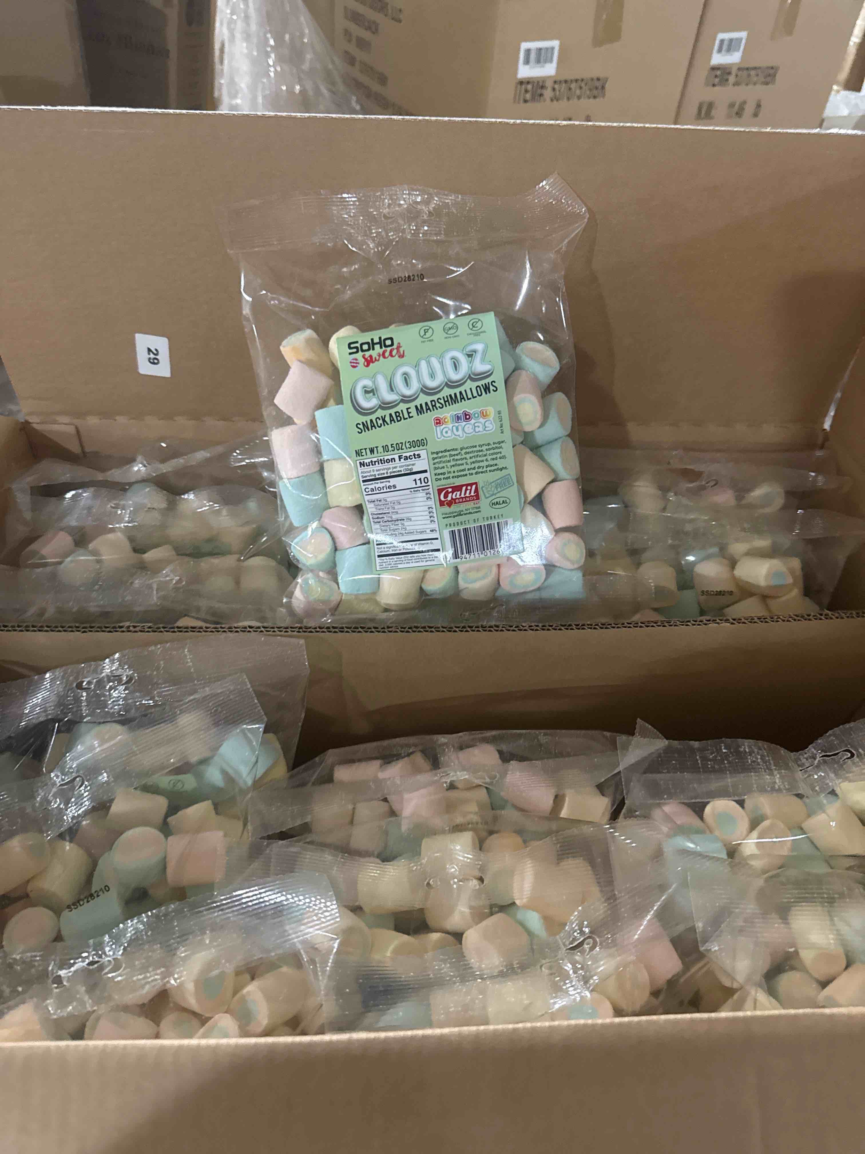 Condition photo showing New/Like New for soho sweet cloudz snackable marshmallows rainbow layers 10.5oz - bid per bag 