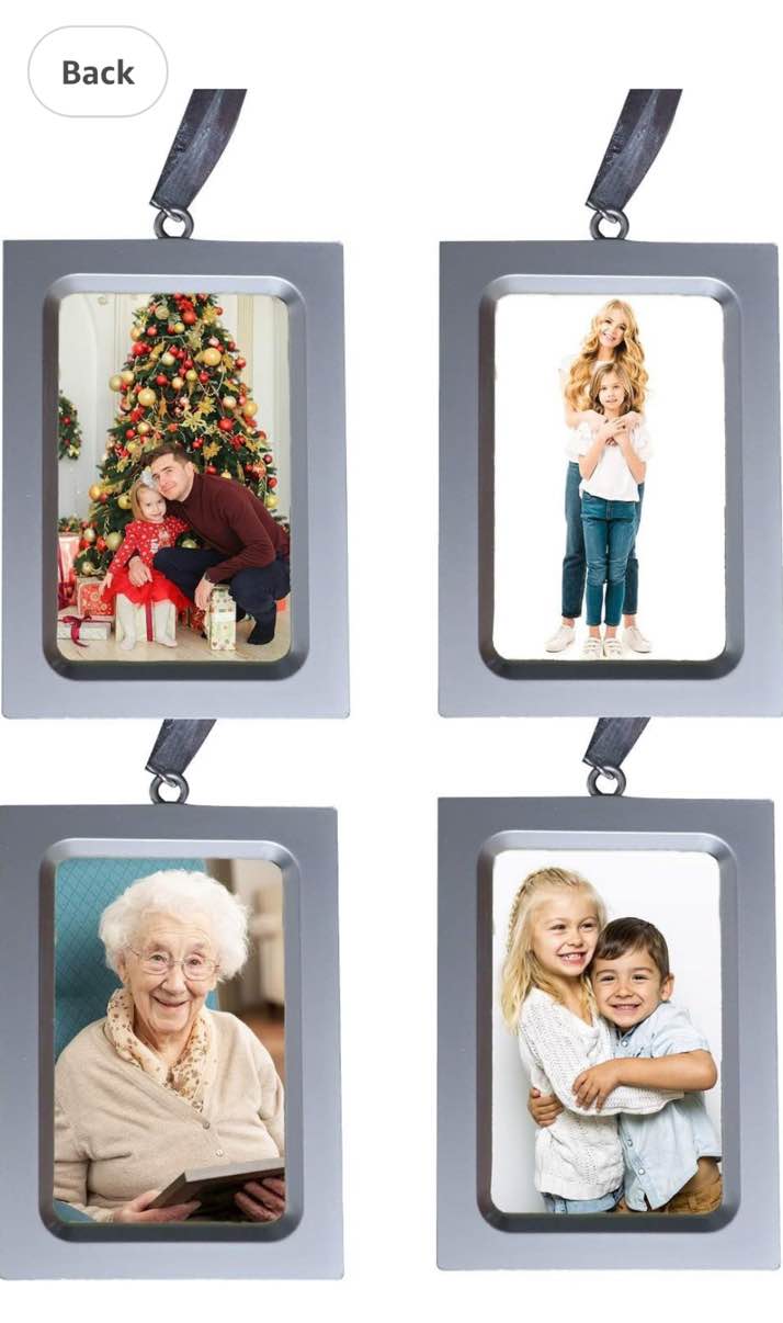 Vertical Picture Frame Ornaments – Ornament Frames Set of 4 – Metallic Silver Design – Miniature Photo Frames for Christmas Tree – Set of 4 Photo Frames - Holds A 2x3-inch Picture