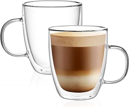 12 oz double wall glass coffee mugs with handle to savor hot drinks without burning your hands - insulated layer coffee cups made of borosilicate glass - perfect for cappucino & tea, set of 2