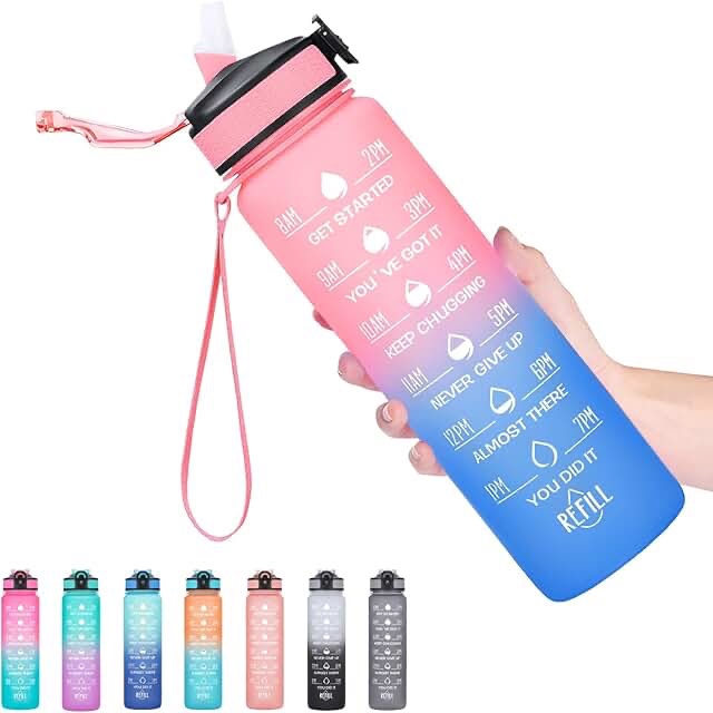 assorted colors Motivational Water Bottle with Time Marker, 32 oz Water Bottle, Sports Water Bottle with Spout, Achieve All-Day Hydration SpillProof, BPA FREE