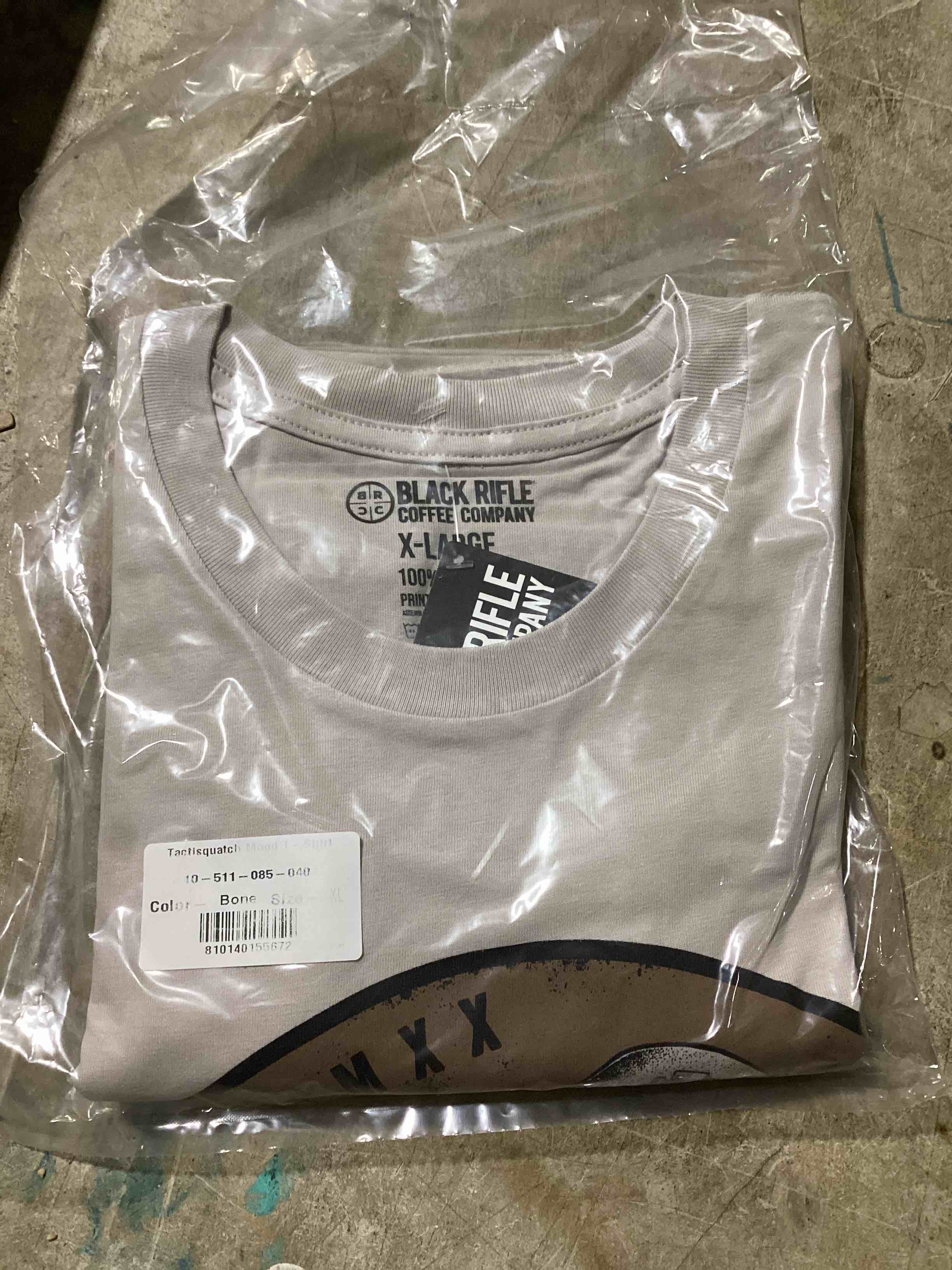 Condition photo showing New/Like New for size x-large black rifle coffee company tactisquatch mood t-shirt