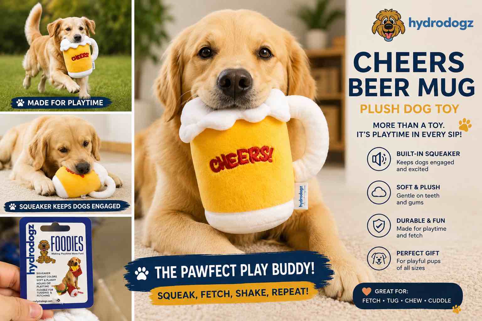Hydrodogs foodies plush CHEERS beer mugs squeaker toy
