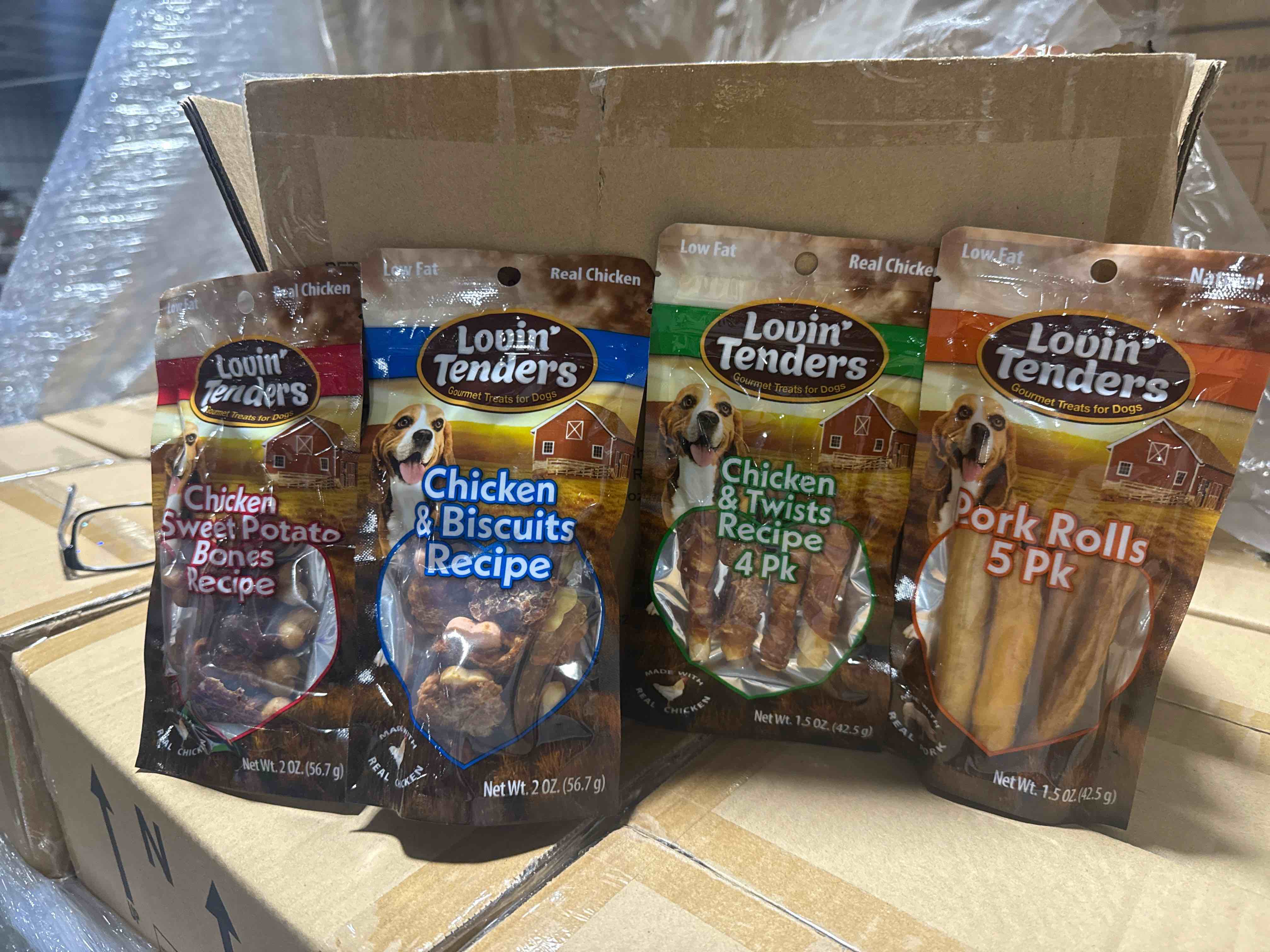 case of 24 four flavors, sweet potato, bones recipe, chicken and biscuits recipe, chicken and twist recipe, pork rolls, love and tenders dog treats