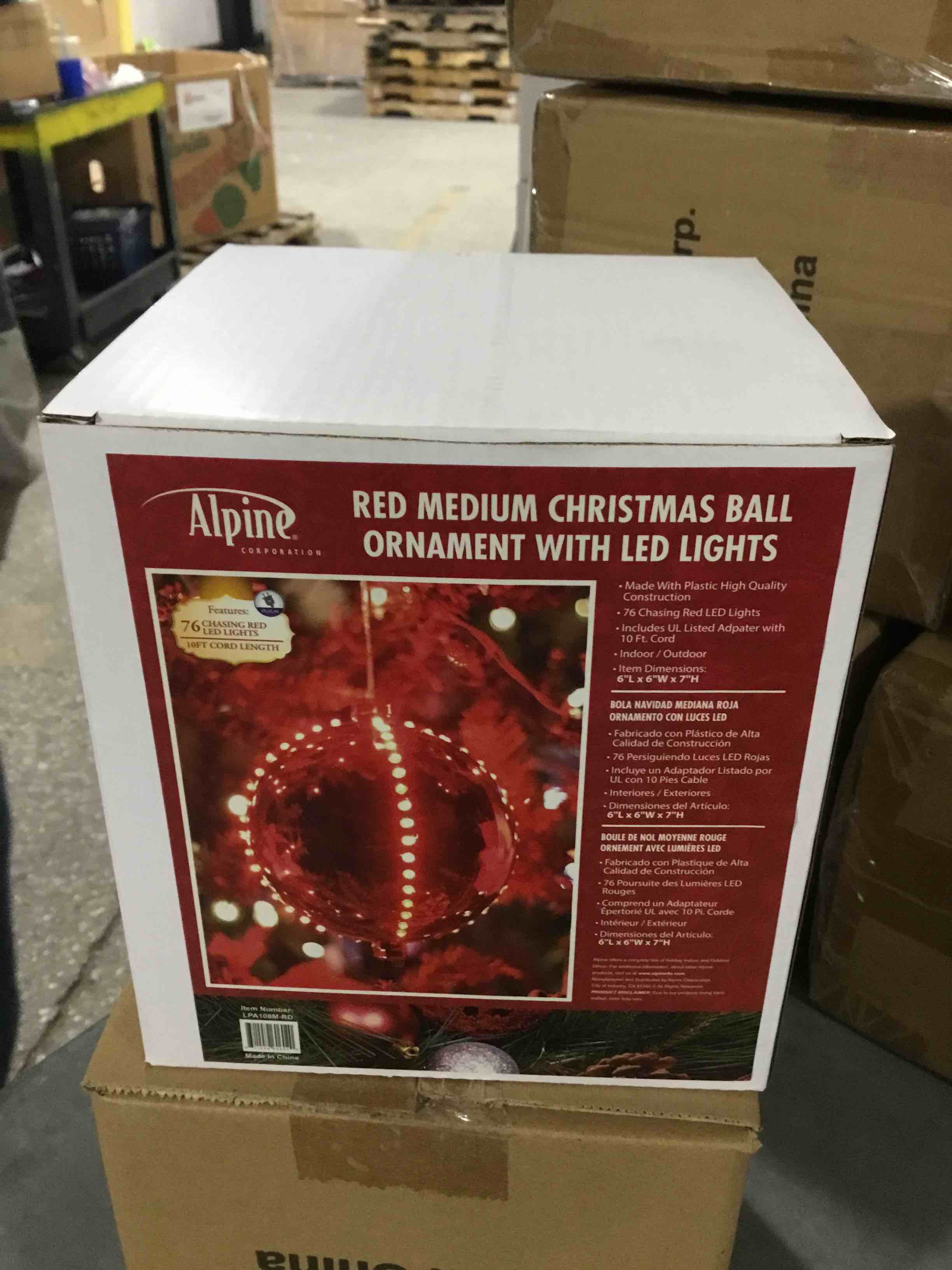 alpine Red medium Christmas ball ornament with LED lights