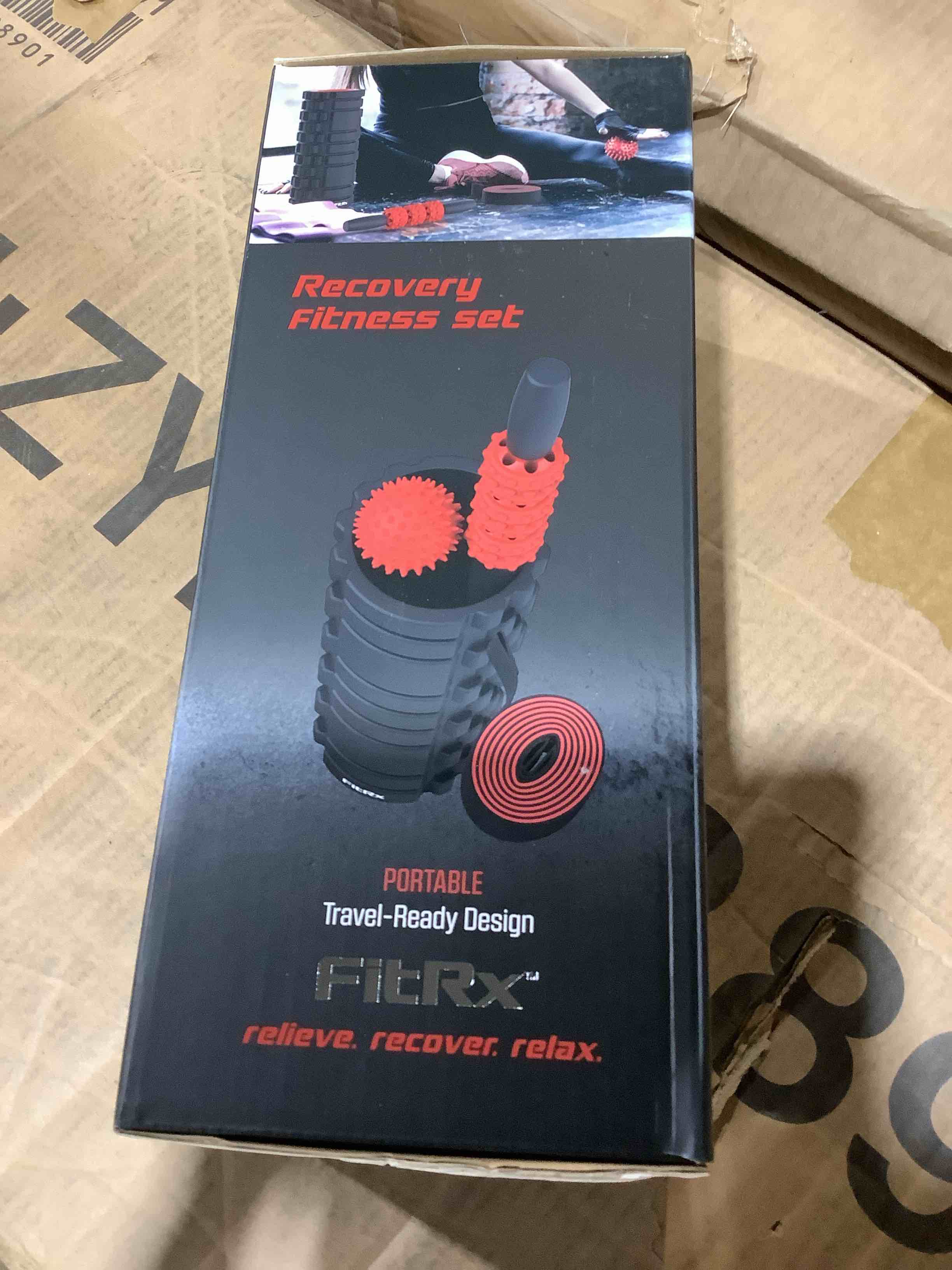 Condition photo showing New/Like New for fitrx recovery fitness set textured foam roller massage stick ball and stretch strap black / red