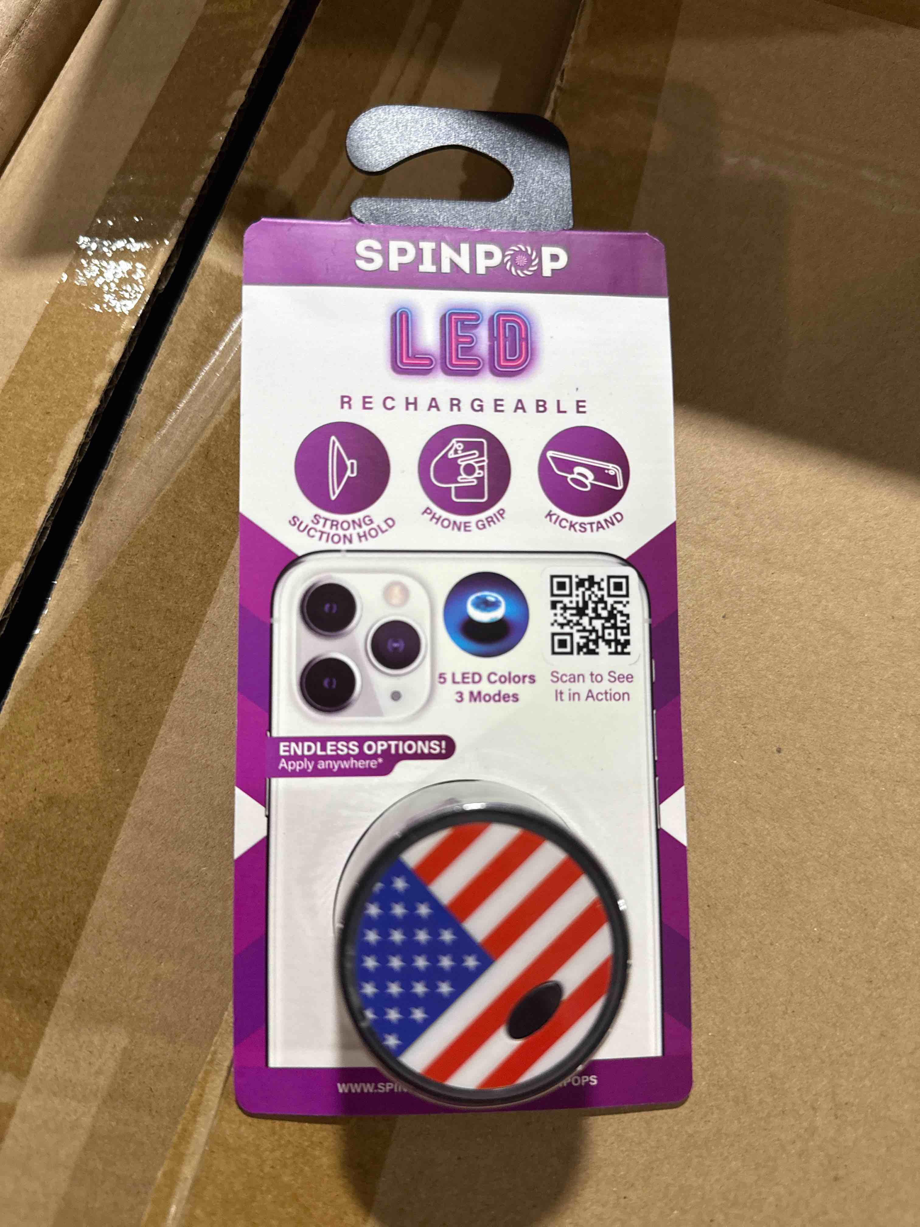 Spinpop LED Phone GRIP With Suction Cup - US Flag Print