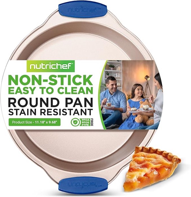 NutriChef Non Stick Round Cake Pan, Kitchen Essential Metal Bakeware with Silicone Handles, Durable, Easy-to-Clean, Dishwasher Safe, 9.68 Inch Stain Resistant Baking Pan With Silicone Coating