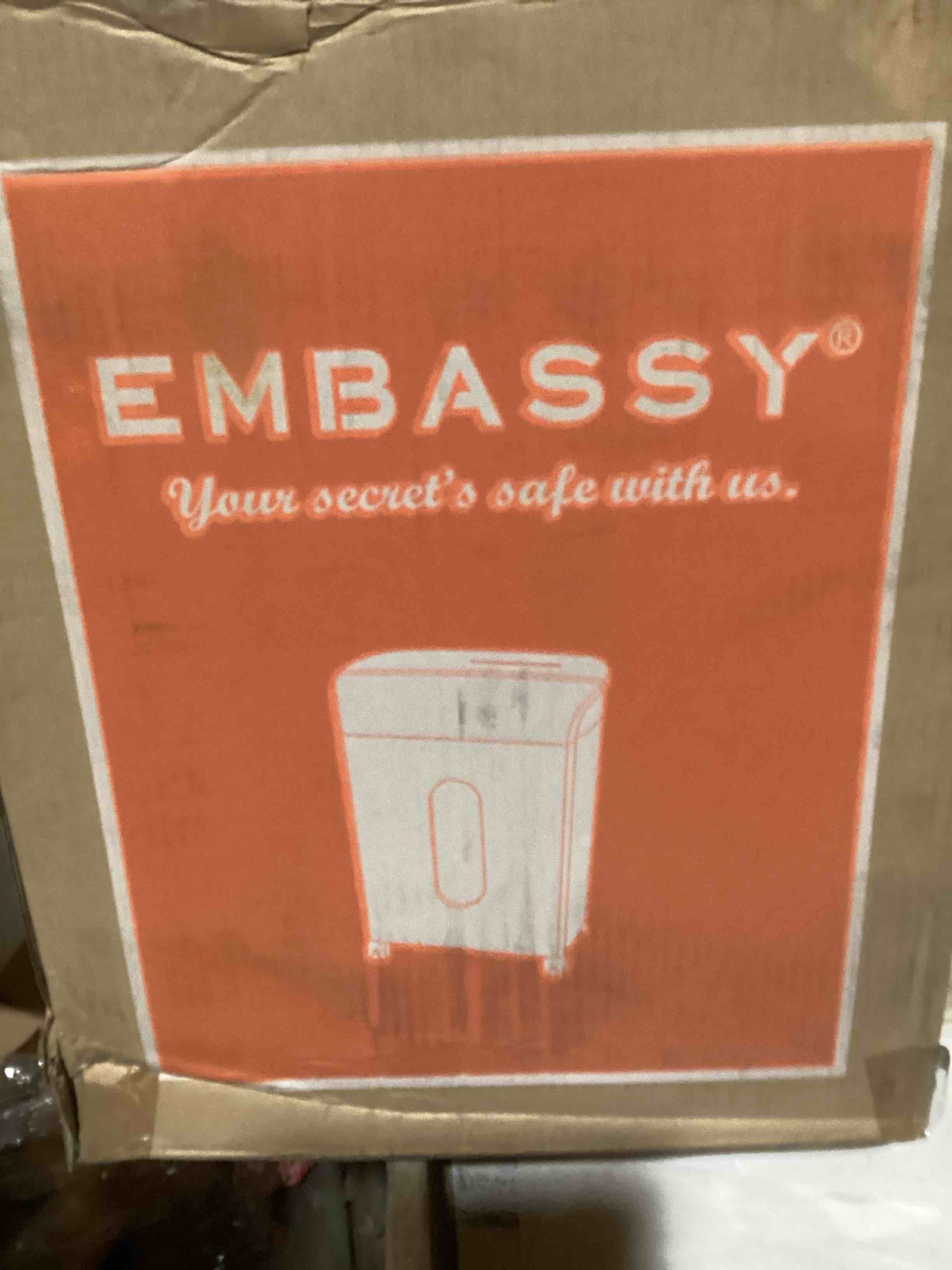 Condition photo showing Brand New for The Embassy Elite 14-sheet shredder in gold is a high-security micro-cut device known for its sleek design and "auto-feed" capabilities.