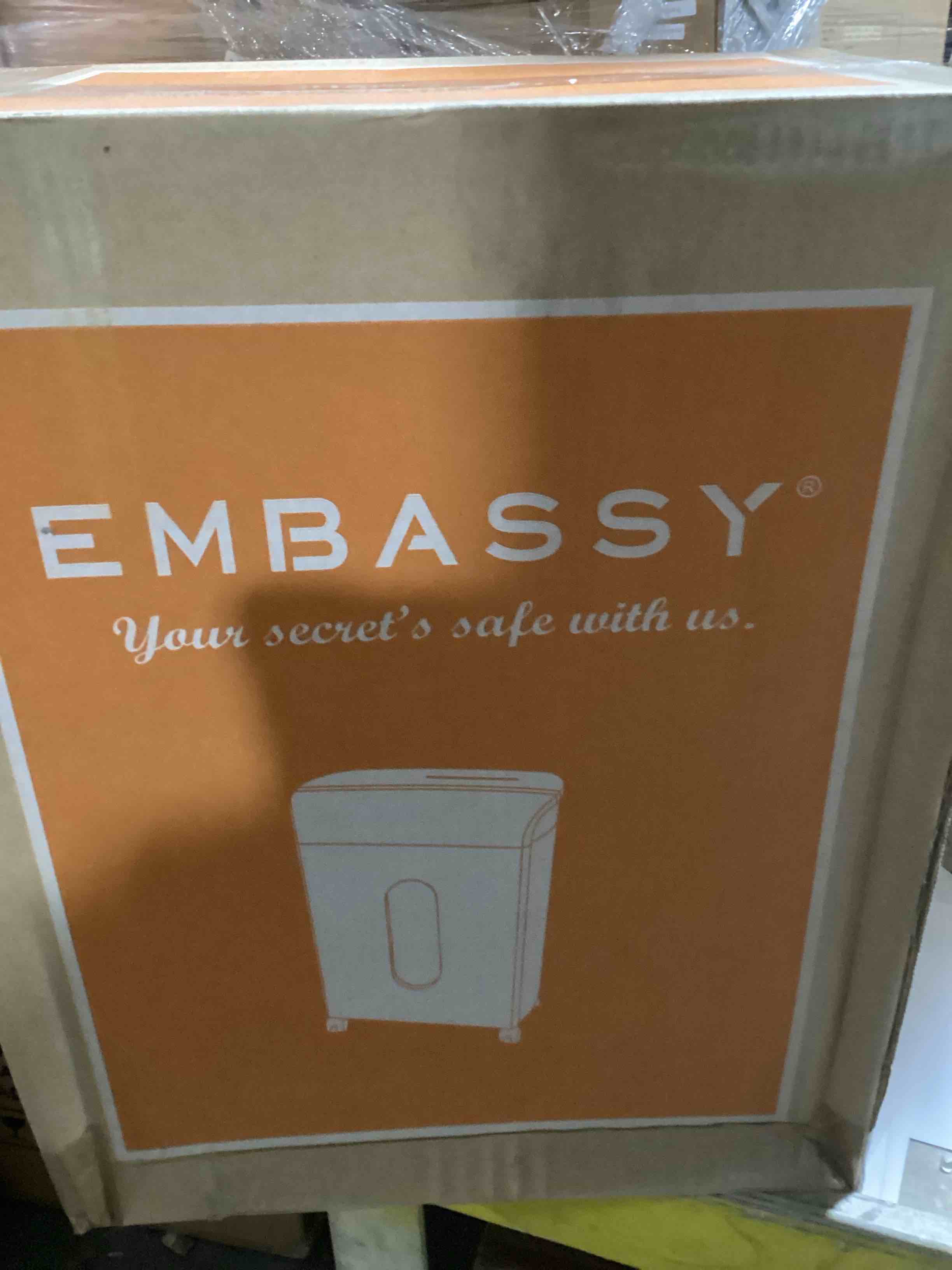 Condition photo showing Brand New for The Embassy Elite 12-Sheet Micro-Cut Shredder (blue) is a high-security home office machine featuring a 120-sheet auto-feeder, a 6-gallon pull-out bin, and casters for mobility.