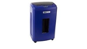 The Embassy Elite 12-Sheet Micro-Cut Shredder (blue) is a high-security home office machine featuring a 120-sheet auto-feeder, a 6-gallon pull-out bin, and casters for mobility.