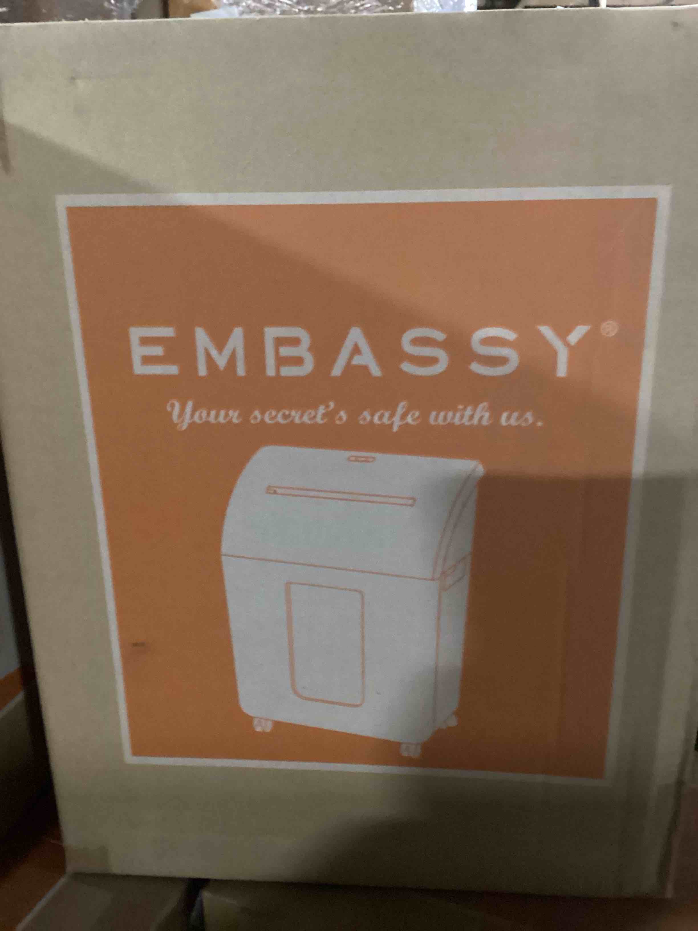 Condition photo showing Brand New for The Embassy LM105P is a 10-sheet micro-cut shredder designed for high-security, compact home/office use