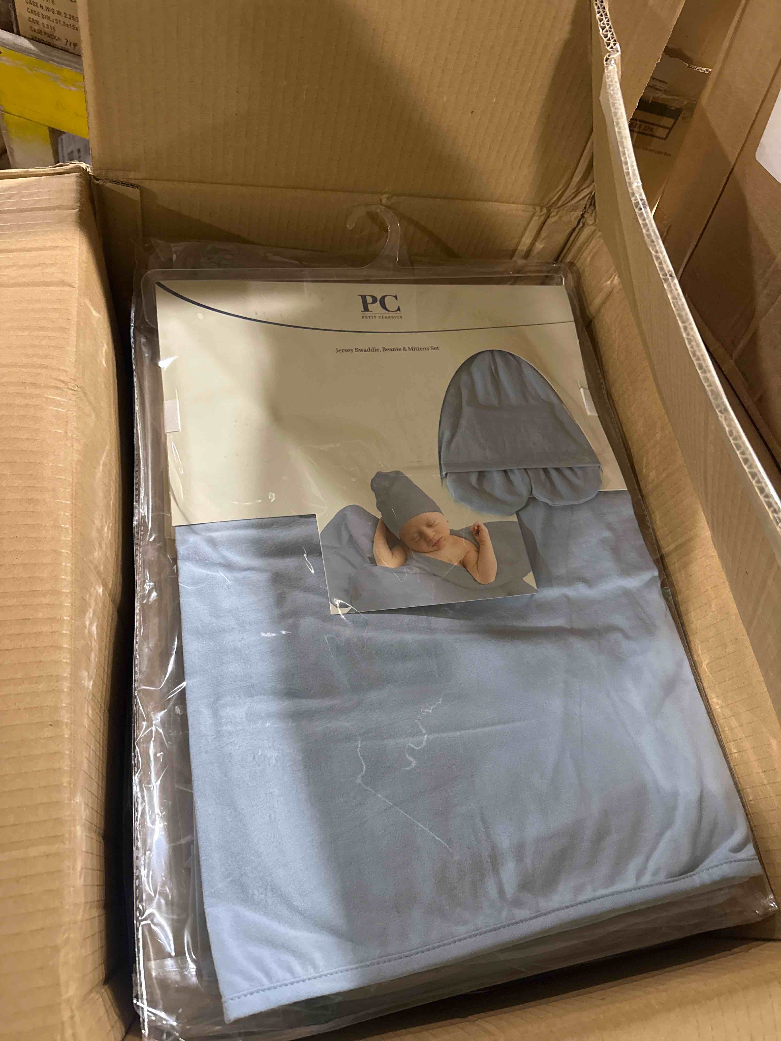 Petit Classics, Swaddle Blanket with Matching Beanie Hat and Mittens Set, Jersey Cotton â€“ Dusty Blue 0-3 Months