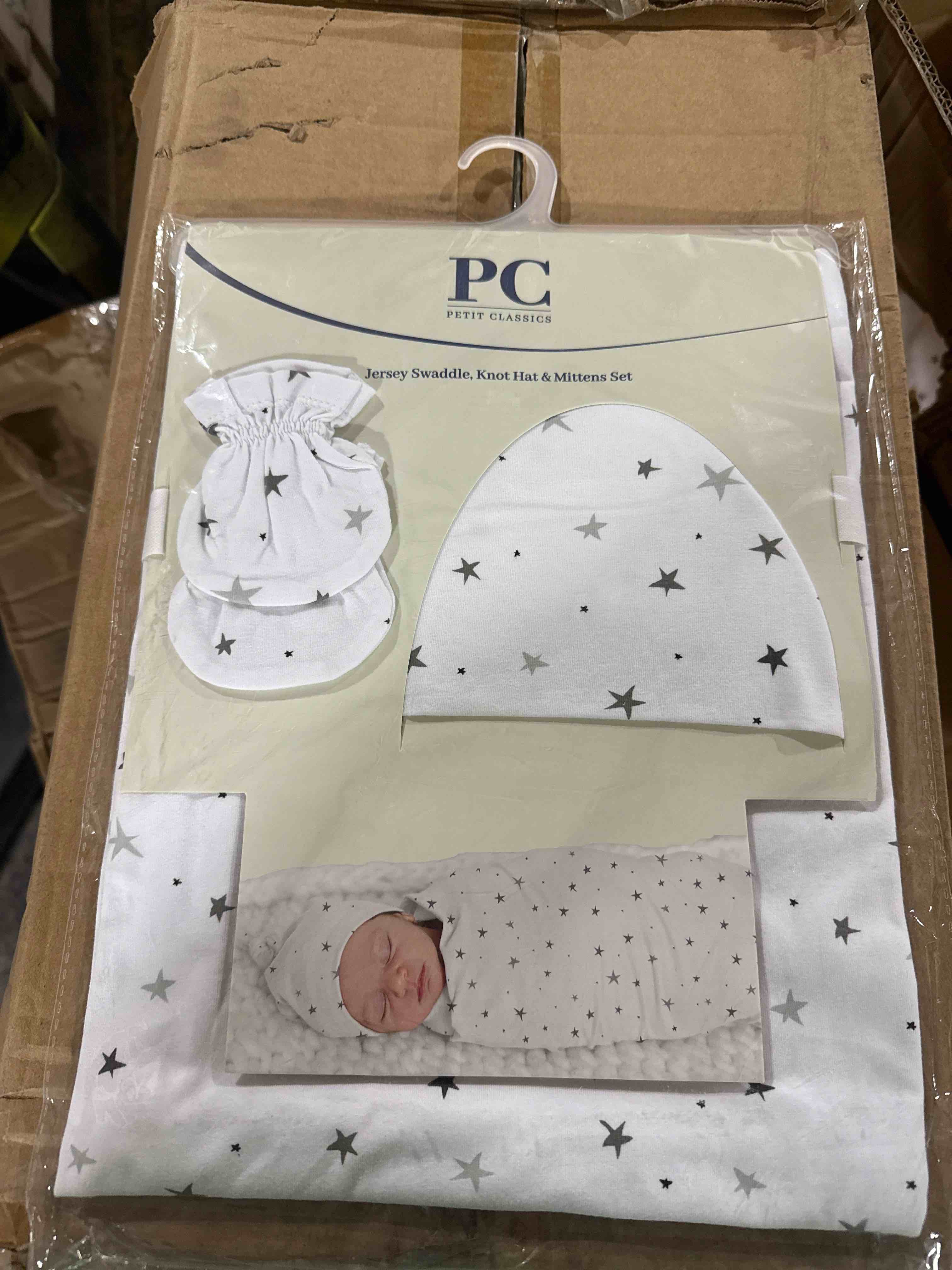 Petit Classics, Jersey Cotton Swaddle Blanket with Matching Knot Hat and Mittens, Gray Stars 0-3 Months