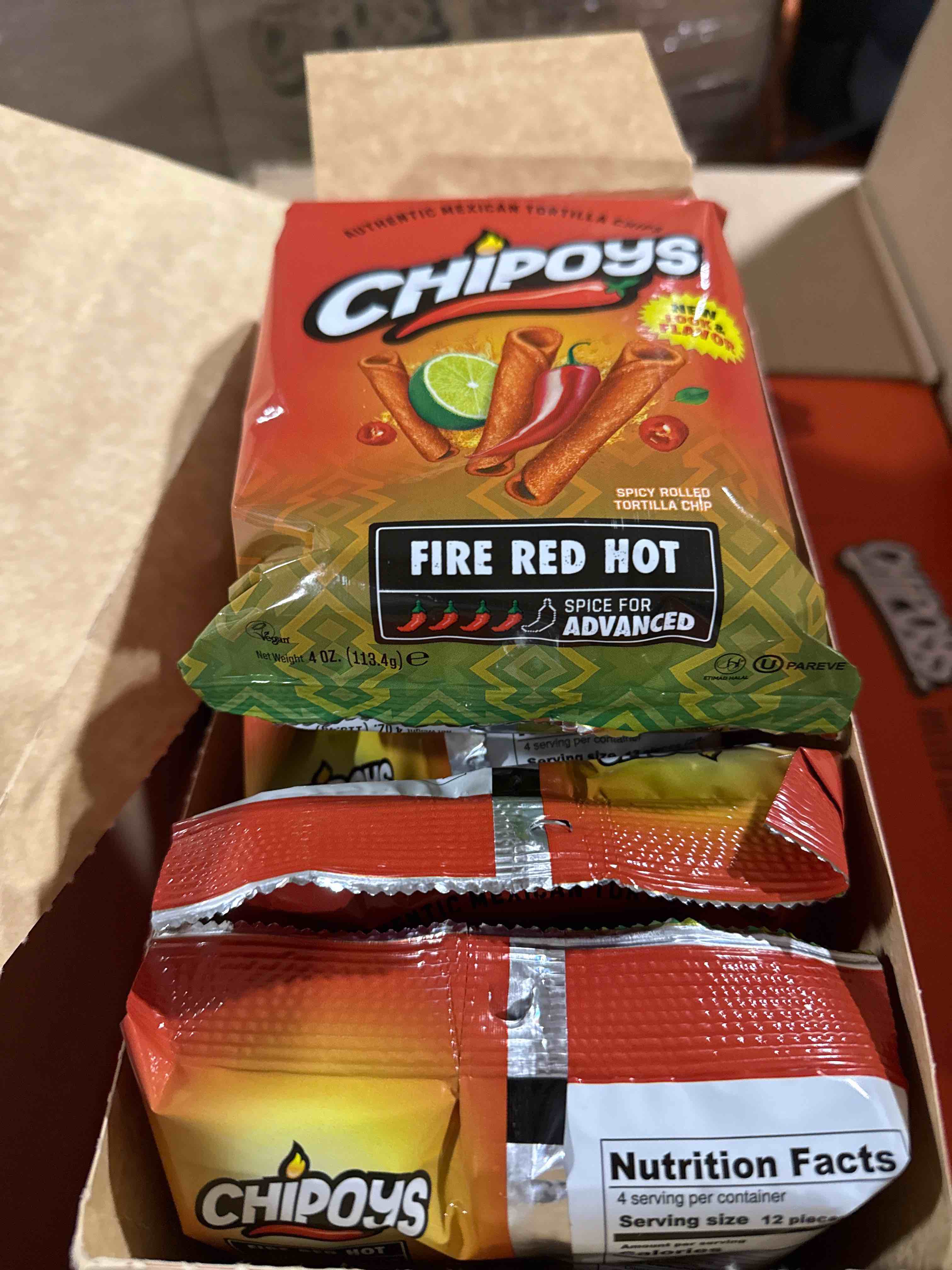 A lot of 8 4 ounce bags Chipoys Fire Red Hot Spicy Rolled Corn Tortilla Chips, Gluten-Free, No Trans Fat, High Protein, Low-Calorie Flavorful Mexican Snacks, Made of Crunchy Maiz Chips with Natural Ingredients