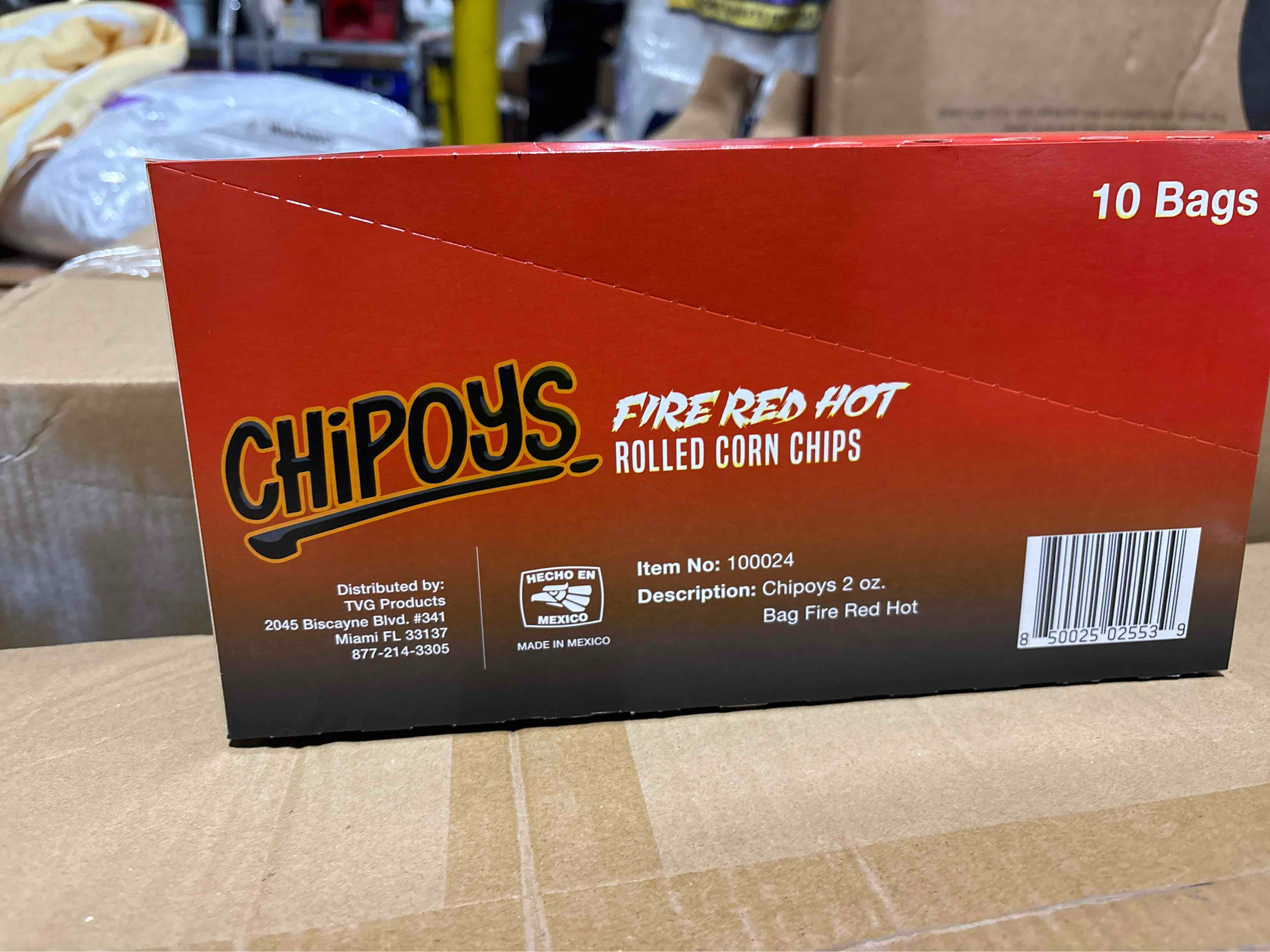 box of 10 bags Chipoys Fire Red Hot Spicy Rolled Corn Tortilla Chips, Gluten-Free, No Trans Fat, High Protein, Low-Calorie Flavorful Mexican Snacks, Made of Crunchy Maiz Chips with Natural Ingredients