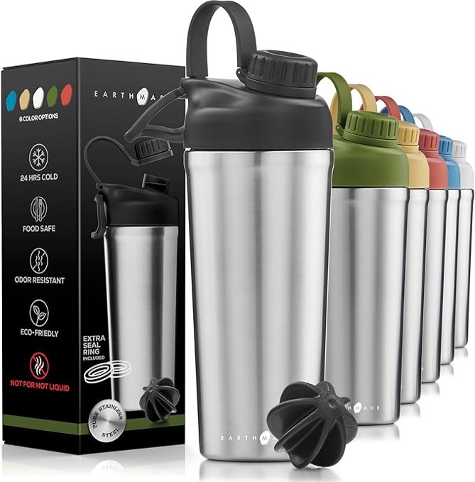 Protein Shaker Bottle Stainless Steel, 26 oz Insulated Shaker Bottles for Protein Mixes Keeps COLD for 30 hours, ADDED 2 Extra Ring Guards/Leakproof
