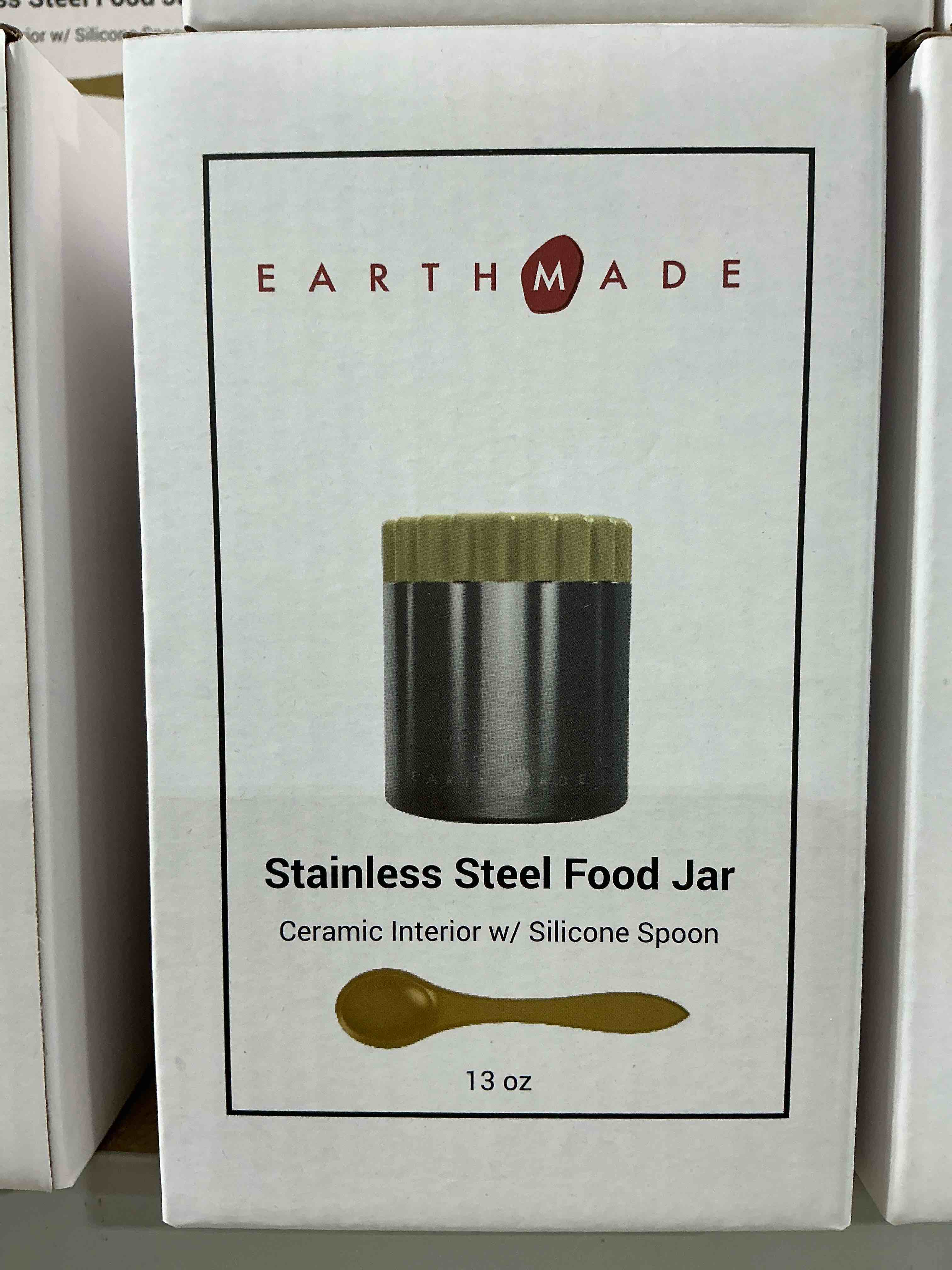 earthmade stainless steel food jar with ceramic interior and silicone spoon 