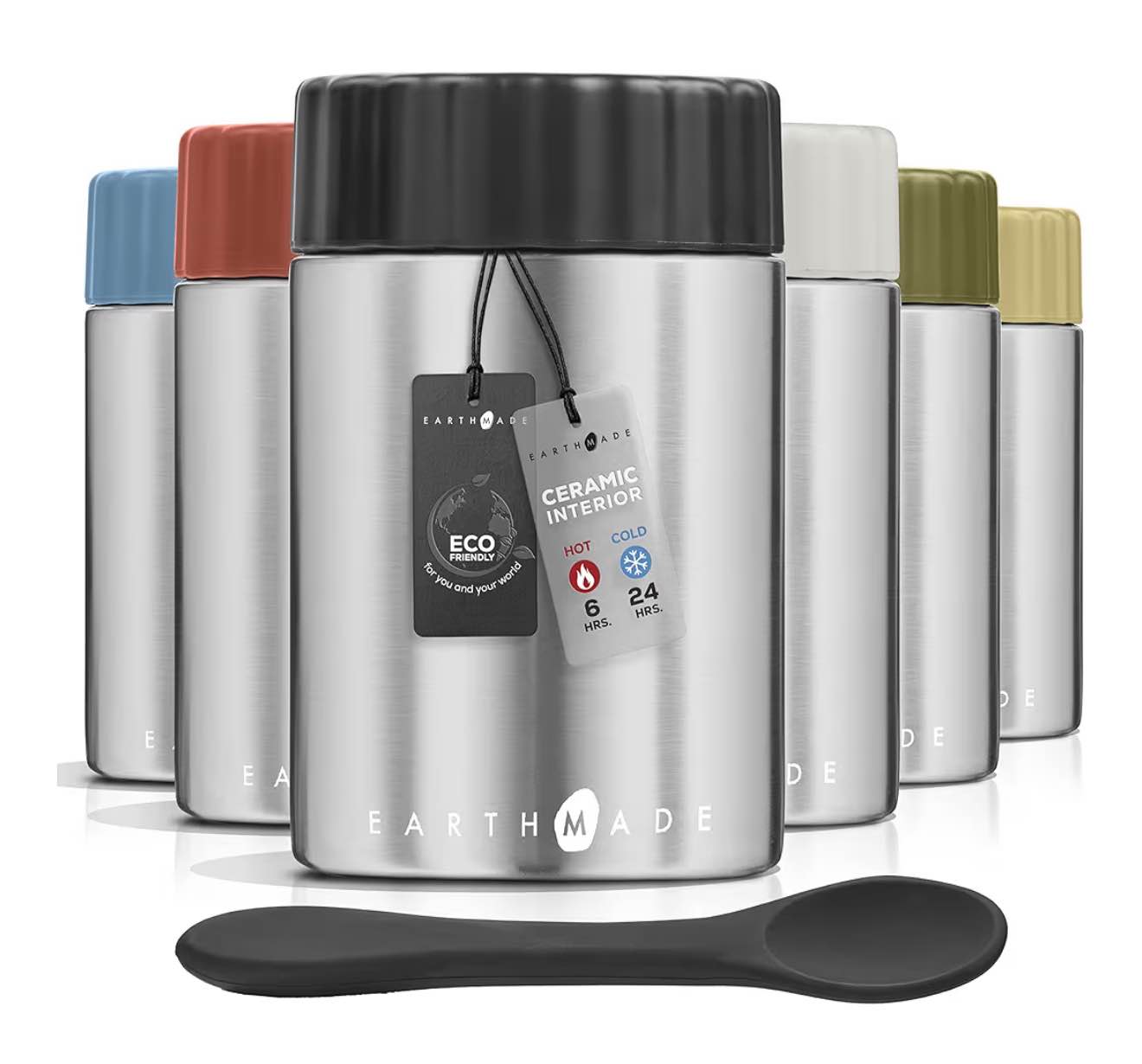 Earthmade Stainless Steel Insulated Food Jar,13 oz Food Thermos for Hot Soup & Cold Fruit, Ceramic Interior Food Container, Silicone spoon Eco-Friendly
