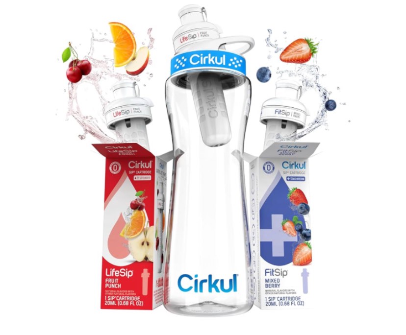 Cirkul 22oz. BPA-Free Plastic Water Bottle Starter Kit with Blue Lid, 2 Flavor Cartridges (1 LifeSip Fruit Punch, 1 FitSip Mixed Berry) Zero Calories and No Sugar