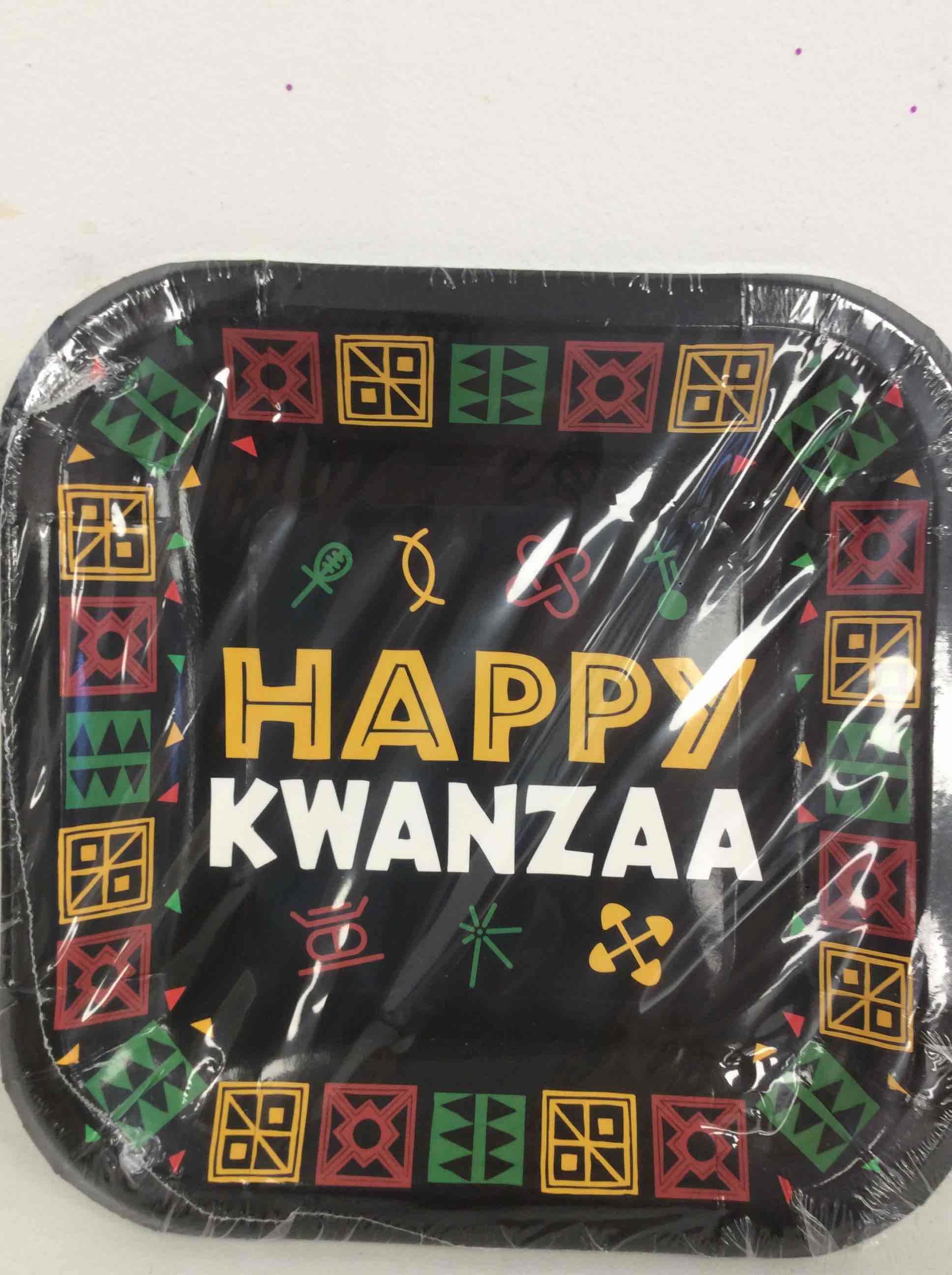 Condition photo showing New/Like New for fun express kwanzaa symbols square paper dessert plates - happy kwanzaa day party supplies disposable tableware - stylish paper finish party supplies - kwanzaa party tableware - 8 pieces