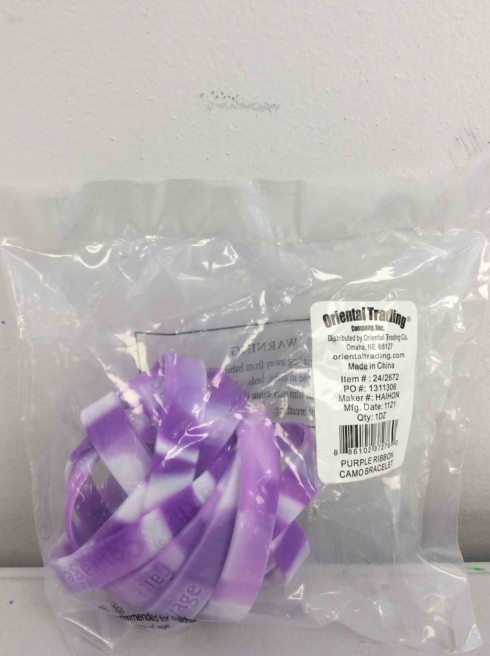 Condition photo showing New/Like New for fun express 12 purple ribbon camouflage silicone bracelets - support pancreatic cancer, alzheimer's, lupus, animal abuse, crohn's disease