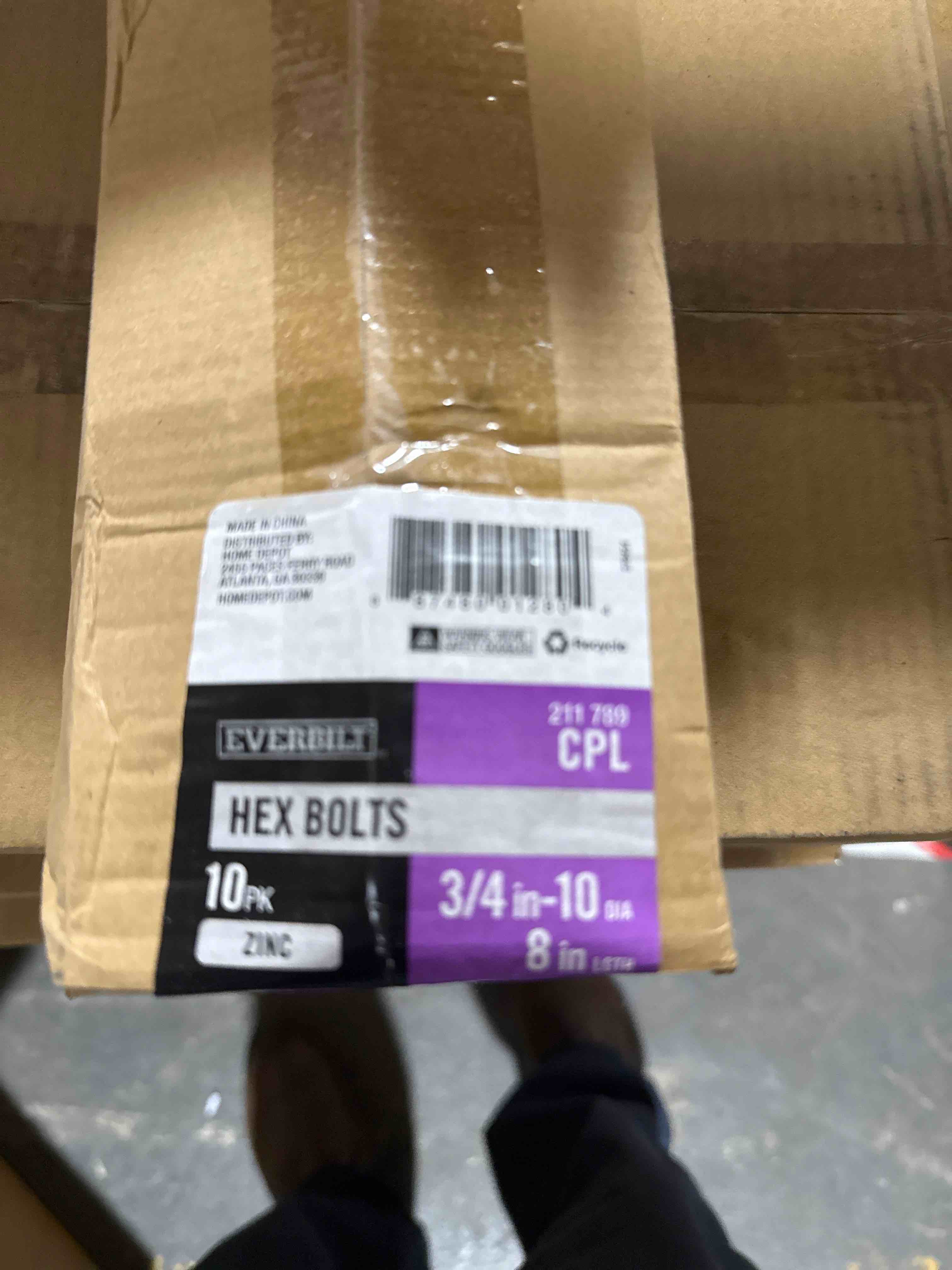Condition photo showing Brand New for case of 10 3/4 in.-10 x 8 in. zinc plated hex bolt (10-pack)