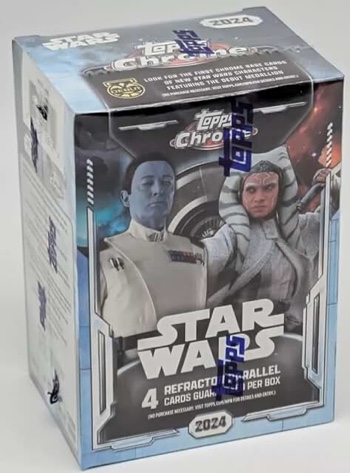2024 Topps Chrome Star Wars Factory Sealed Blaster Box 8 Packs of 5 Cards. Look for Exclusive Parallels. 4 Refractor Parallels Per Box. Look for the First Chrome Base cards of the new Star Wars characters featuring the Debut Medallion