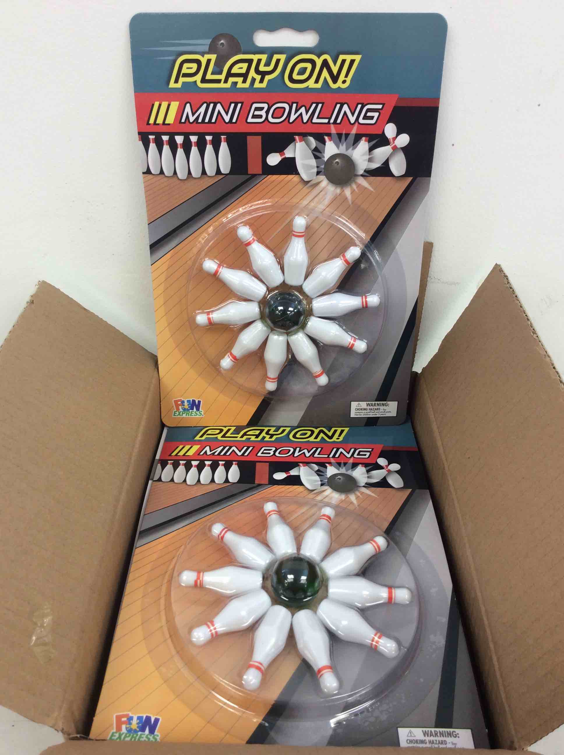 Condition photo showing New/Like New for assorted plastic play on mini bowling sets (6 sets) - fun designs, perfect for indoor play, party favor, birthdays, and more
